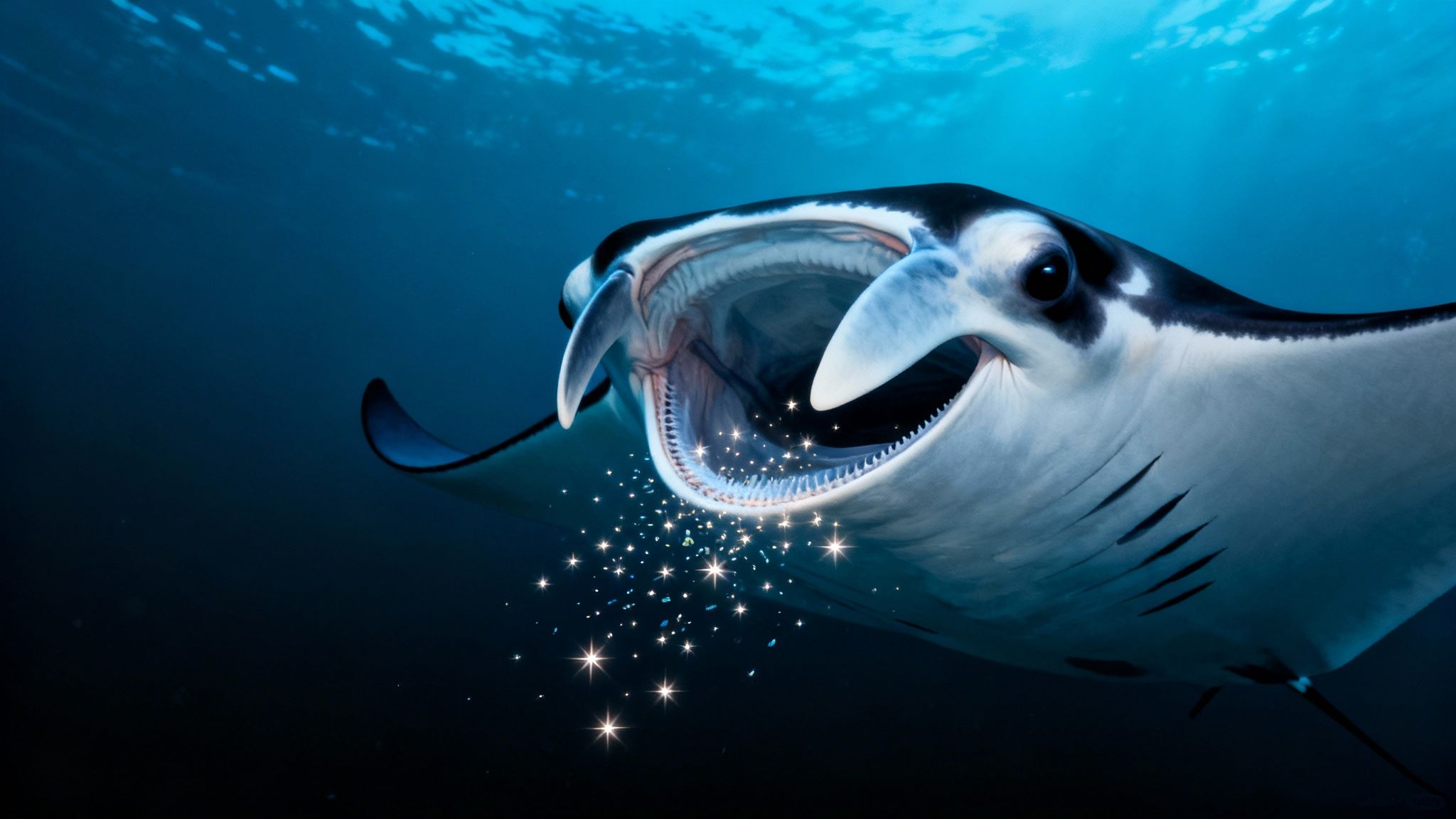 A majestic manta ray swims in clear blue water with its mouth open, emitting sparkling particles.
