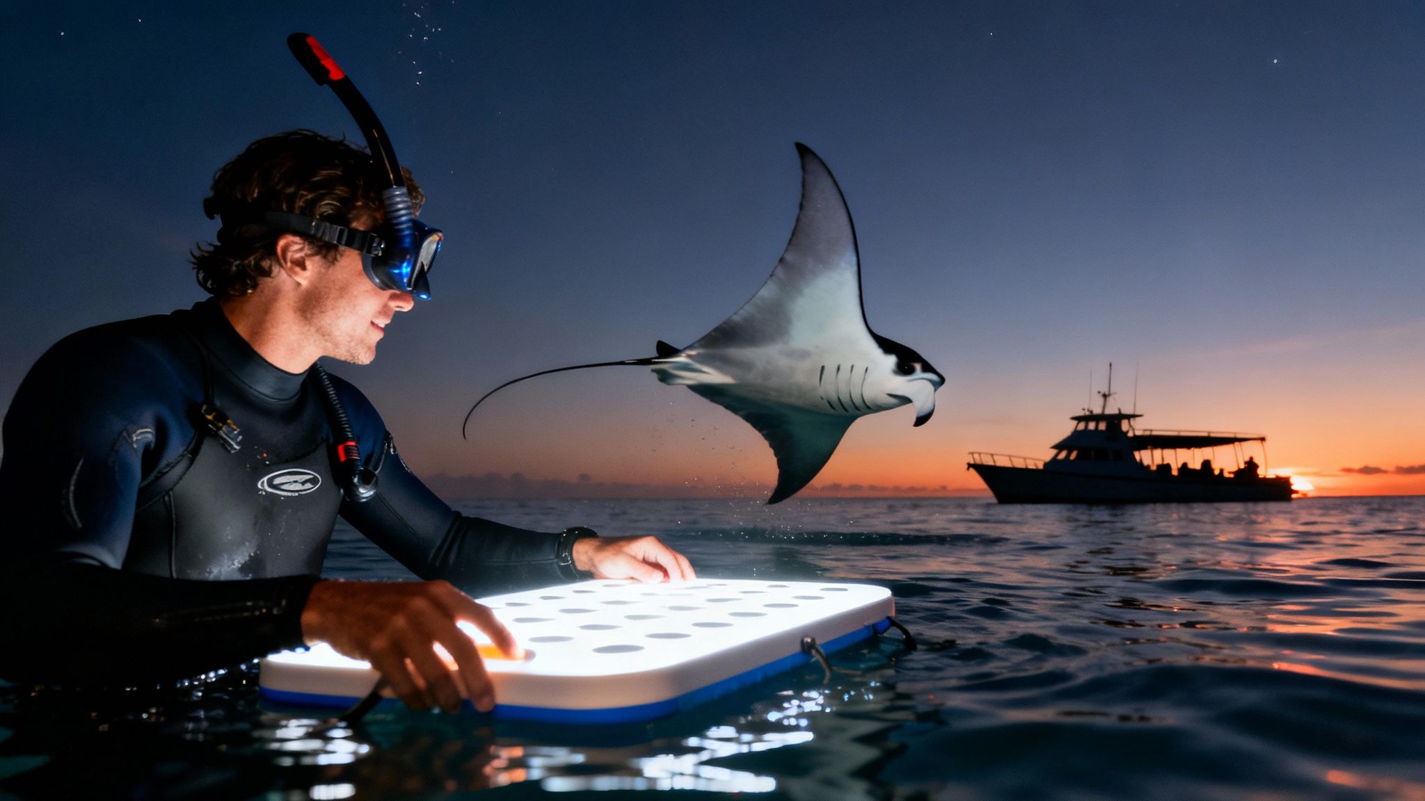 A smiling man snorkeling at night, holding a light board as a manta ray leaps from the ocean.