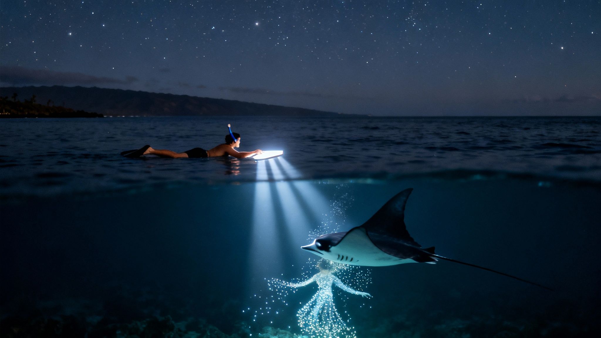 A person night snorkeling with a light board illuminates a manta ray and glowing figure underwater.