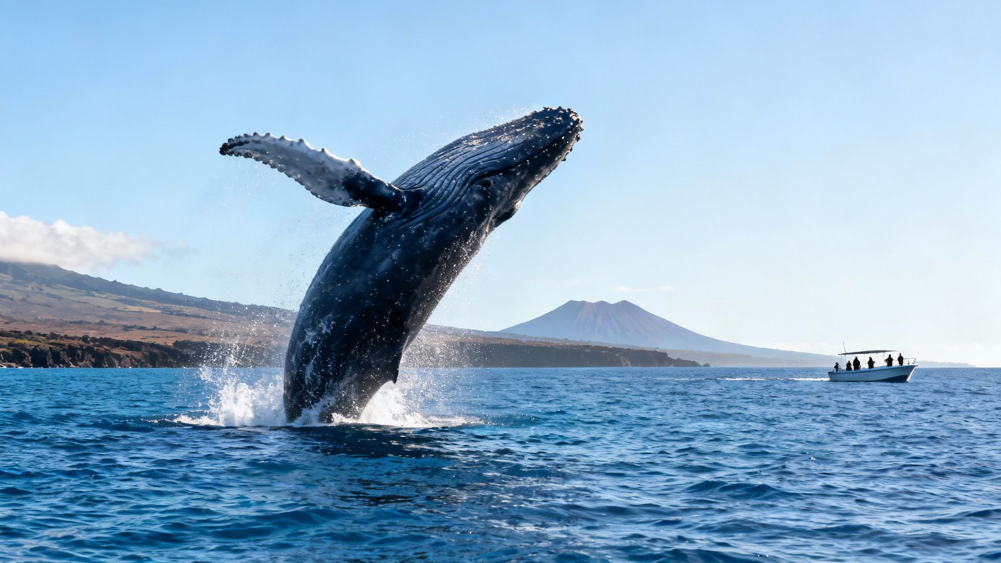 A majestic humpback whale breaches high out of the clear blue ocean water, creating a big splash. A distant volcano and a small tour boat with people are visible in the background under a bright sky.