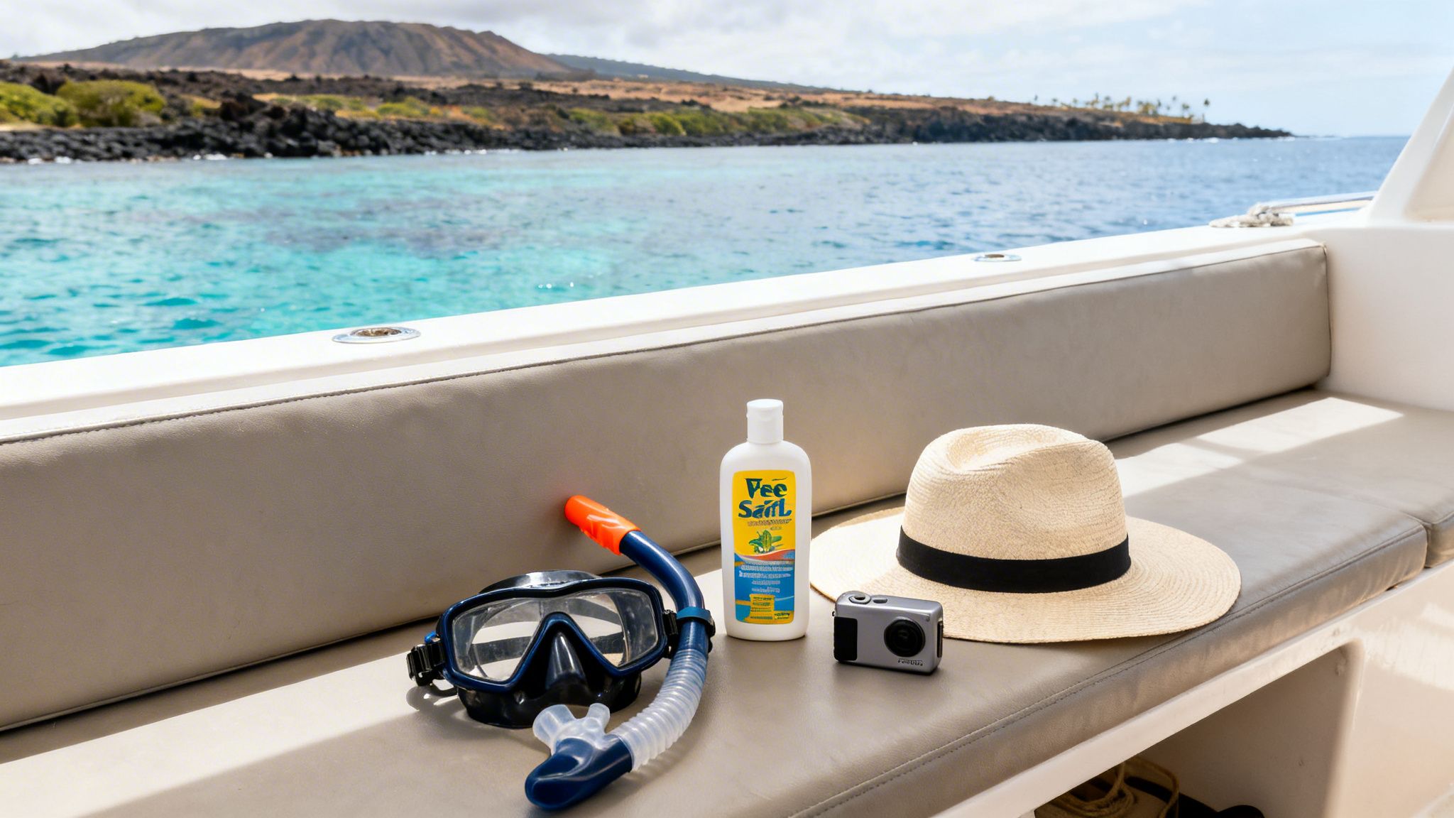 Snorkeling mask, snorkel, sunscreen, straw hat, and camera on a boat seat overlooking the ocean and island.