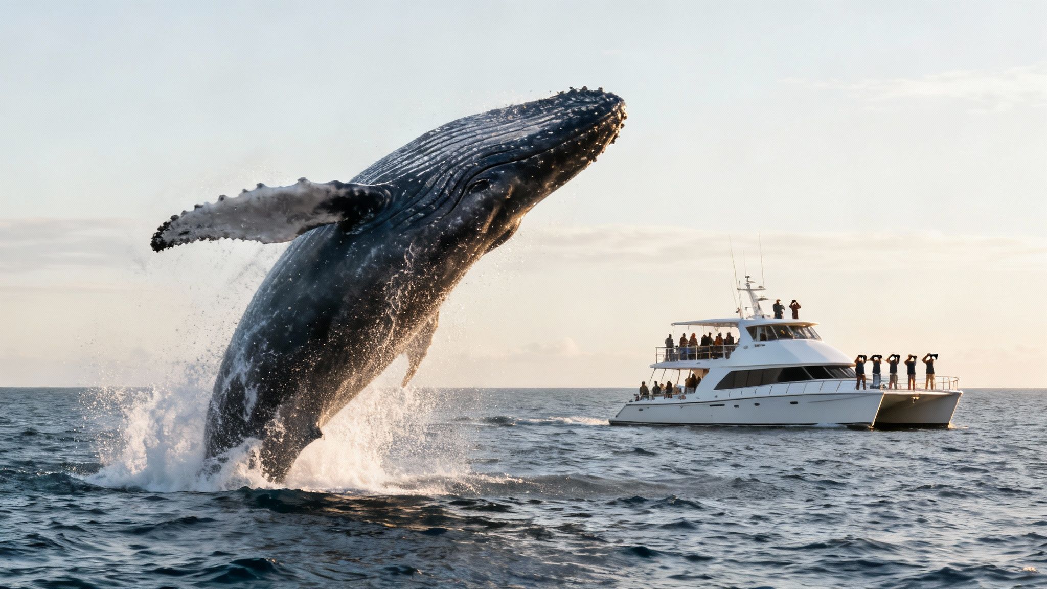 A majestic humpback whale breaches out of the ocean next to a full whale-watching boat.