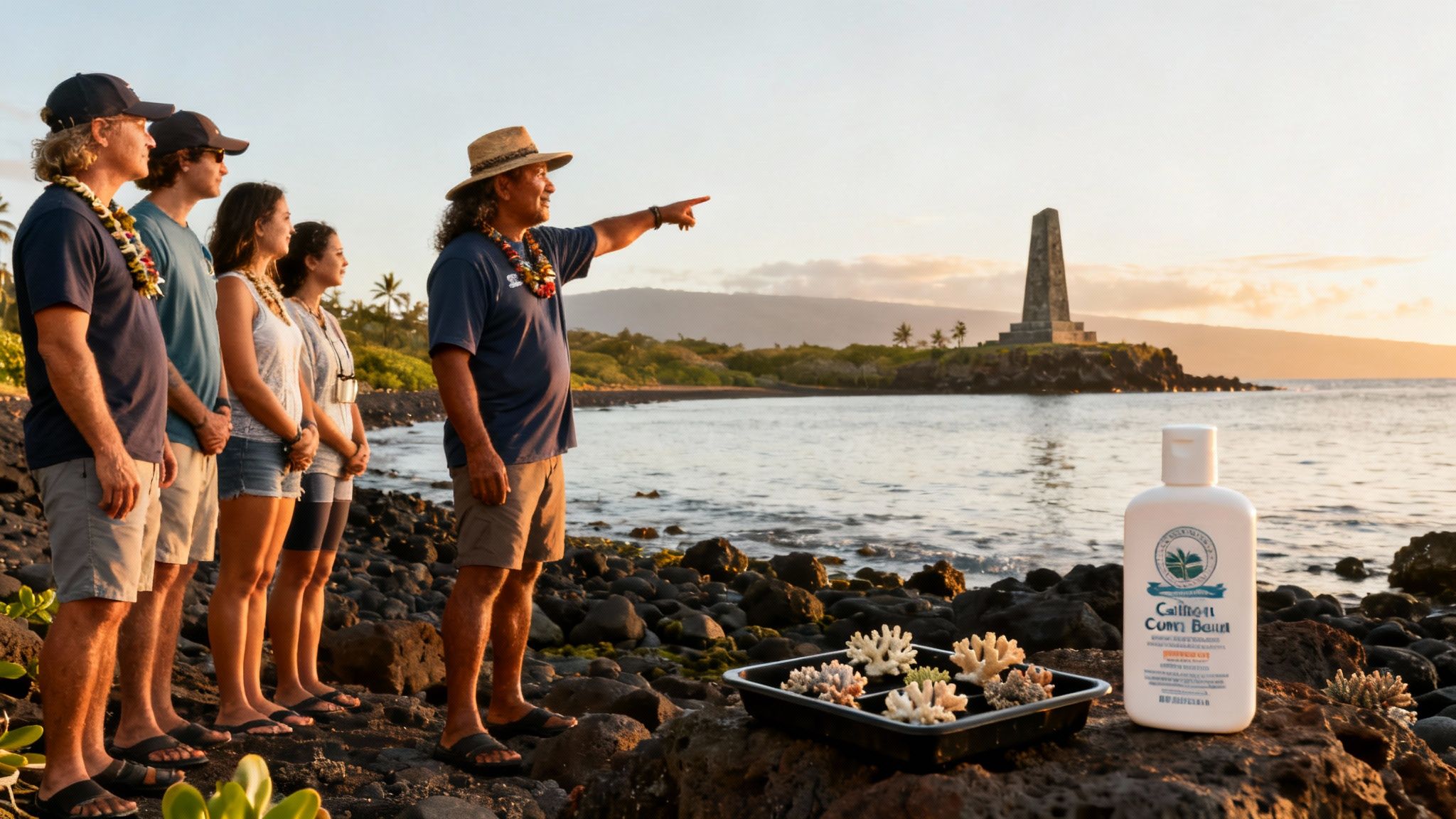 A guide shows coral to a group on a Hawaiian beach, Captain Cook monument visible at sunset.