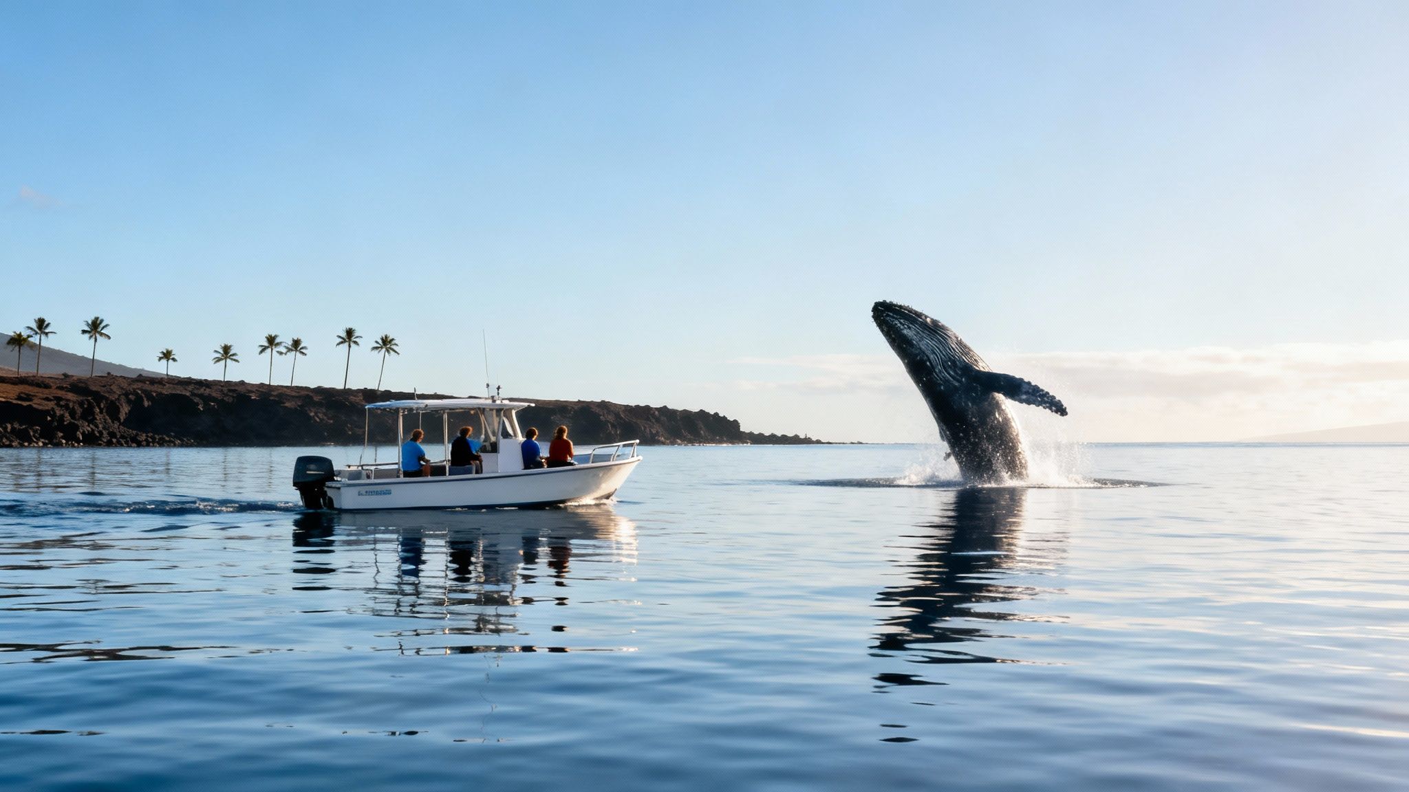 People on a boat watch a humpback whale breach dramatically out of the calm blue ocean.