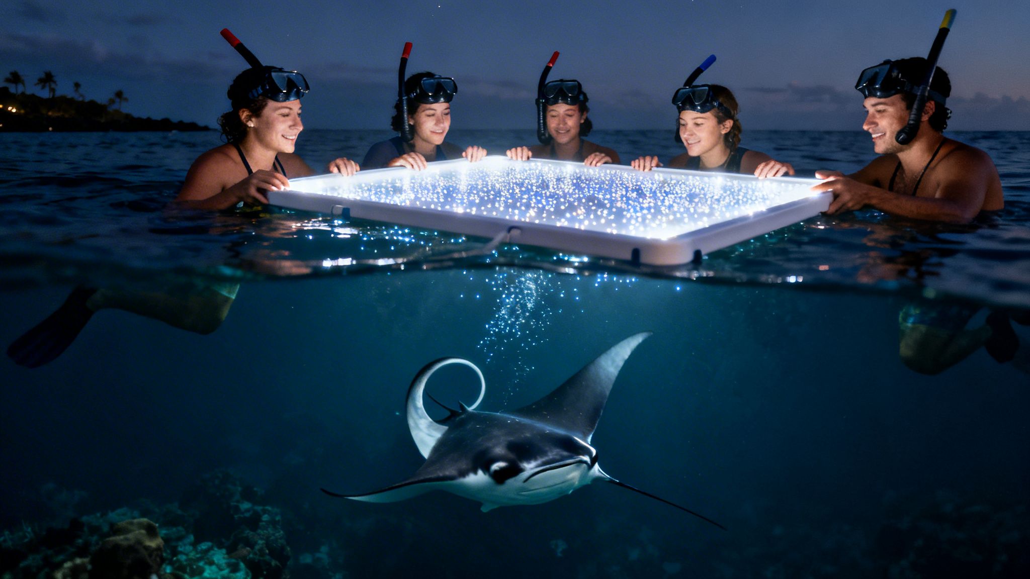 Snorkelers watch a majestic manta ray swim under an illuminated platform at night.
