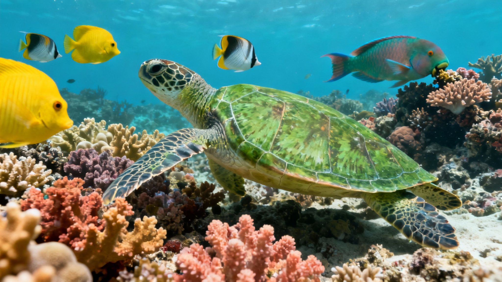 A vibrant underwater scene with a green sea turtle swimming among colorful coral and tropical fish.