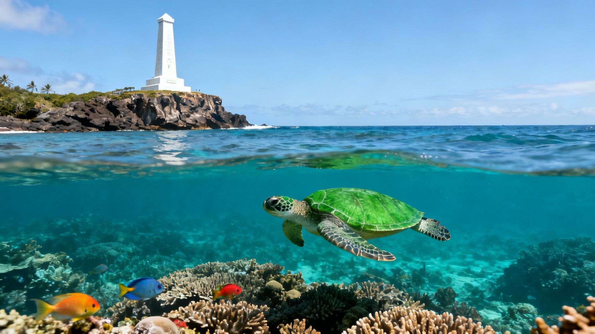 A split view showing a green sea turtle, colorful fish, and coral underwater, with an island monument above.