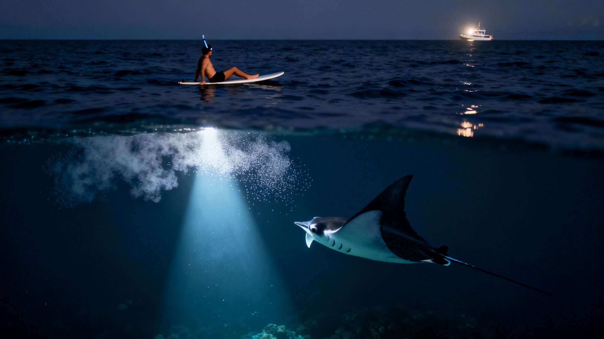 A person on a surfboard shines an underwater light, attracting a majestic manta ray at night.