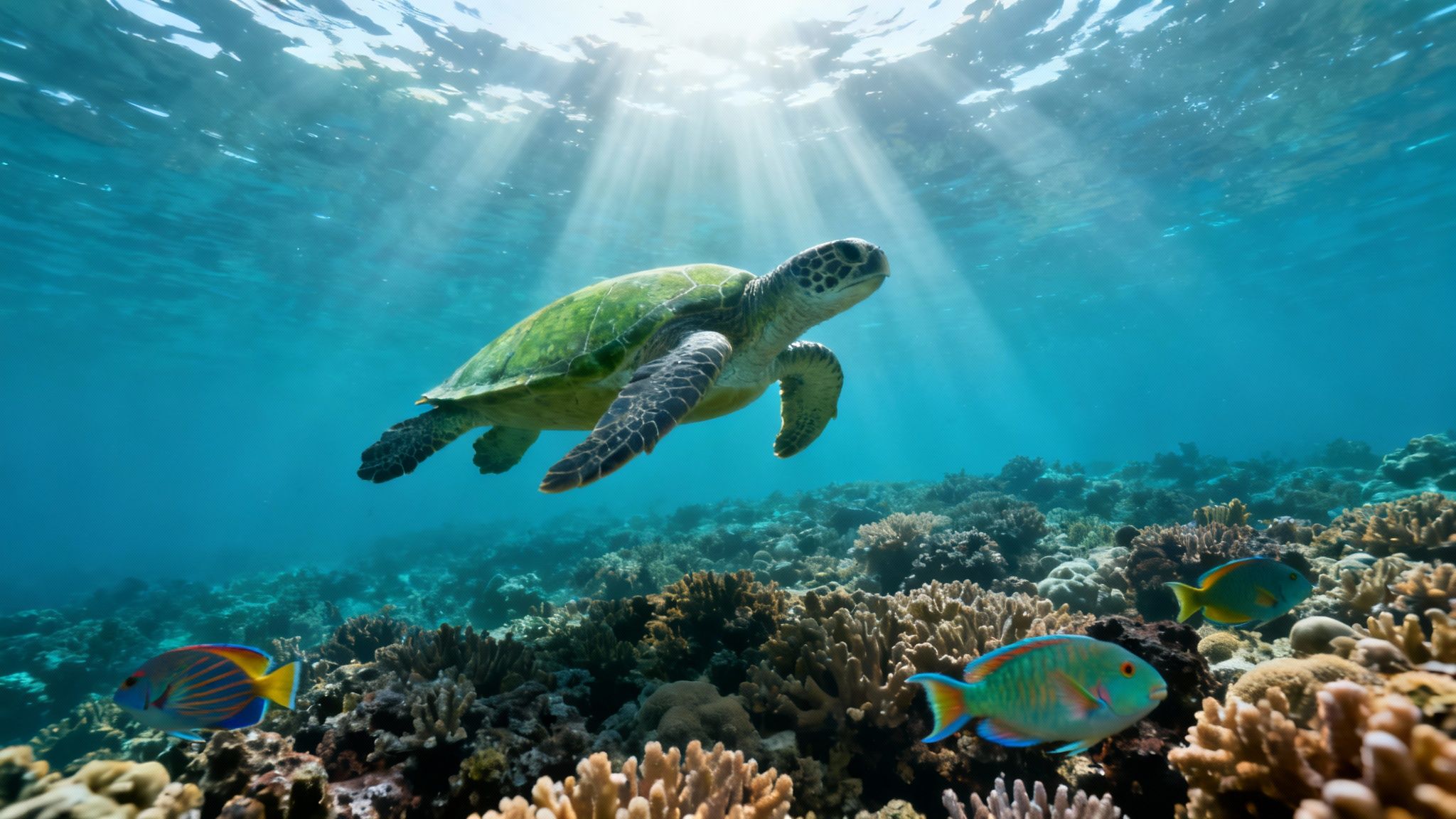 Green sea turtle swimming above vibrant coral reef with colorful tropical fish in clear blue water