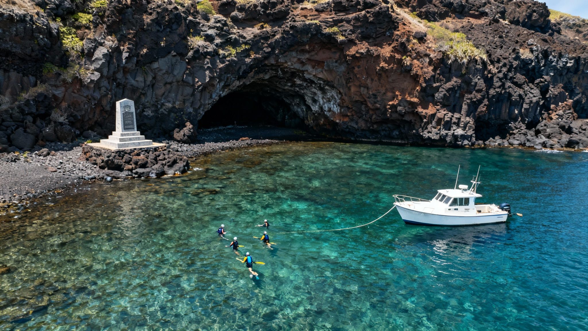 Snorkelers explore clear turquoise waters near a historic monument, a boat, and a sea cave.