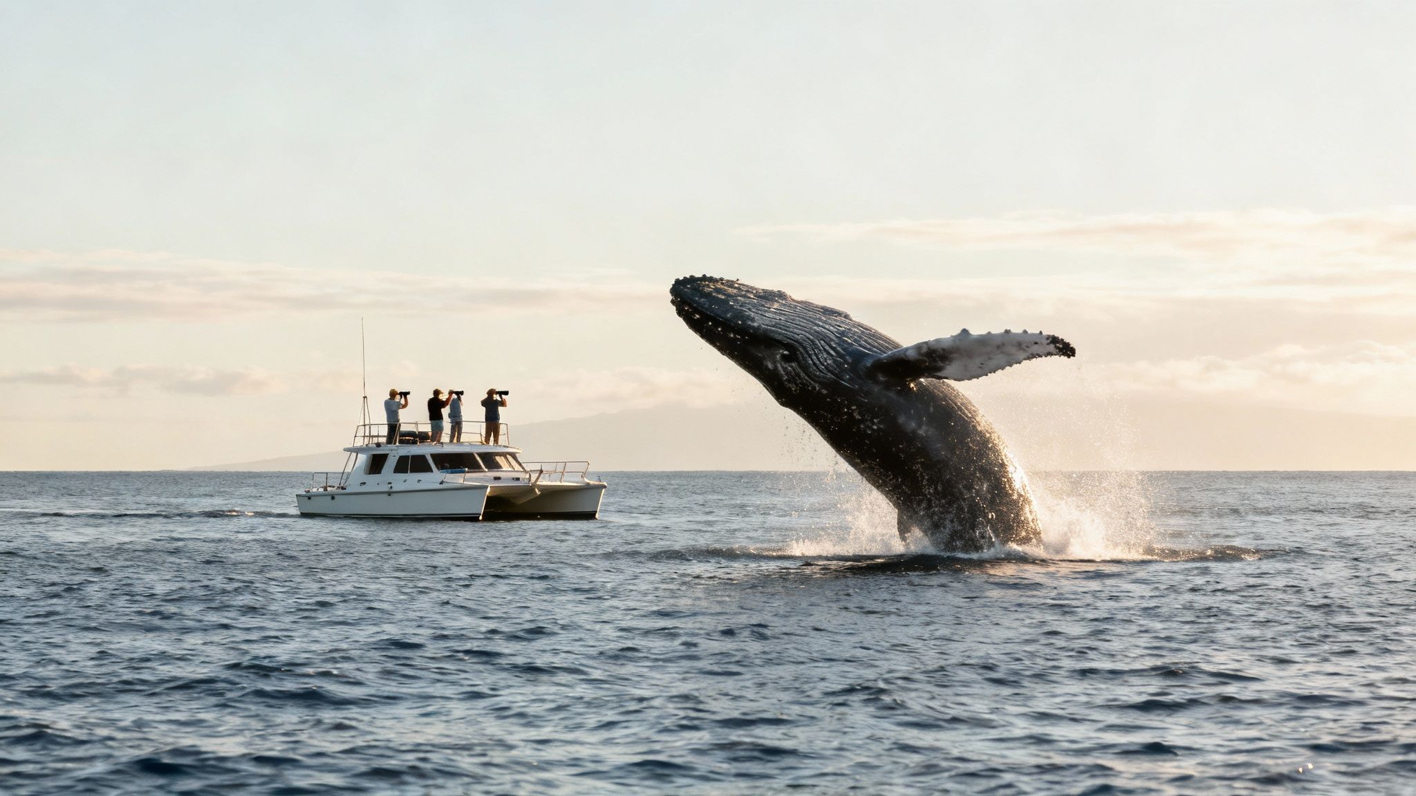 Humpback whale breaching near tour boat during whale watching excursion in Kona waters