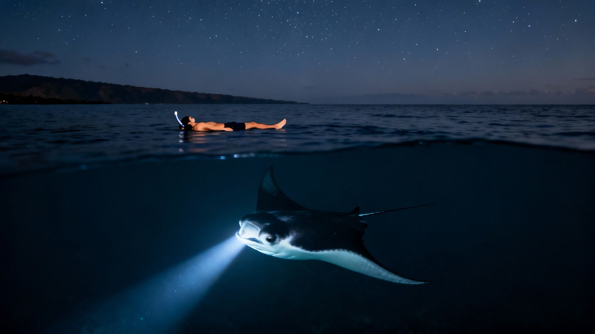 A person snorkeling under a starry night sky, while a glowing manta ray swims underwater.