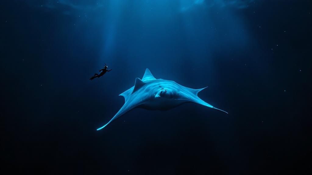 A group of snorkelers watching a manta ray feed at night