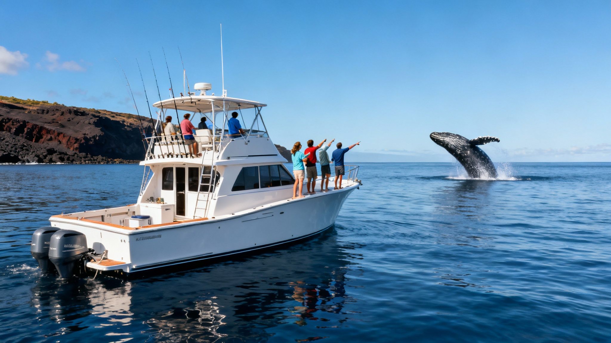 People on a white boat watch a large whale breaching out of the blue ocean with a splash.