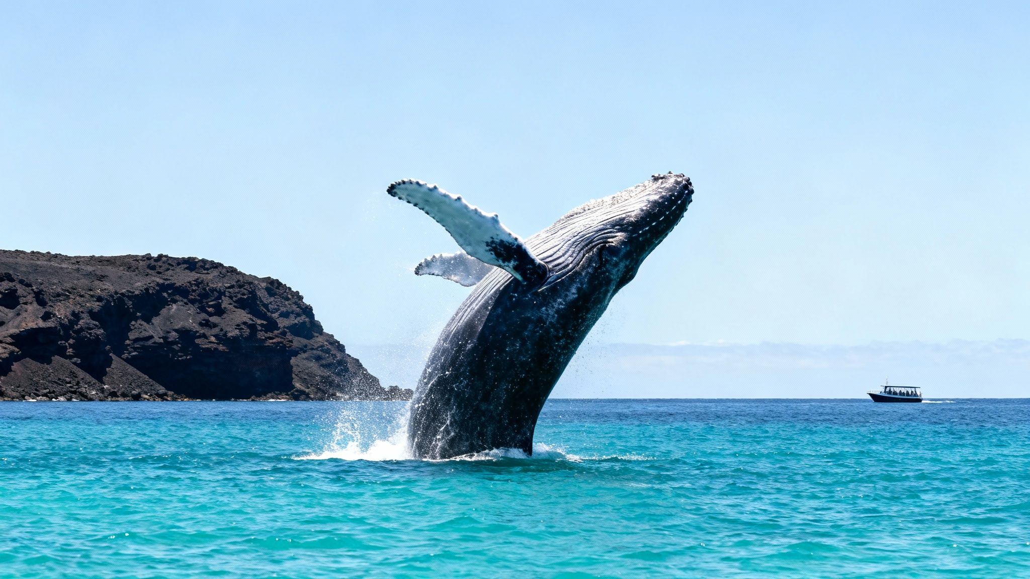 A majestic humpback whale breaches spectacularly out of turquoise ocean waters near a volcanic island.