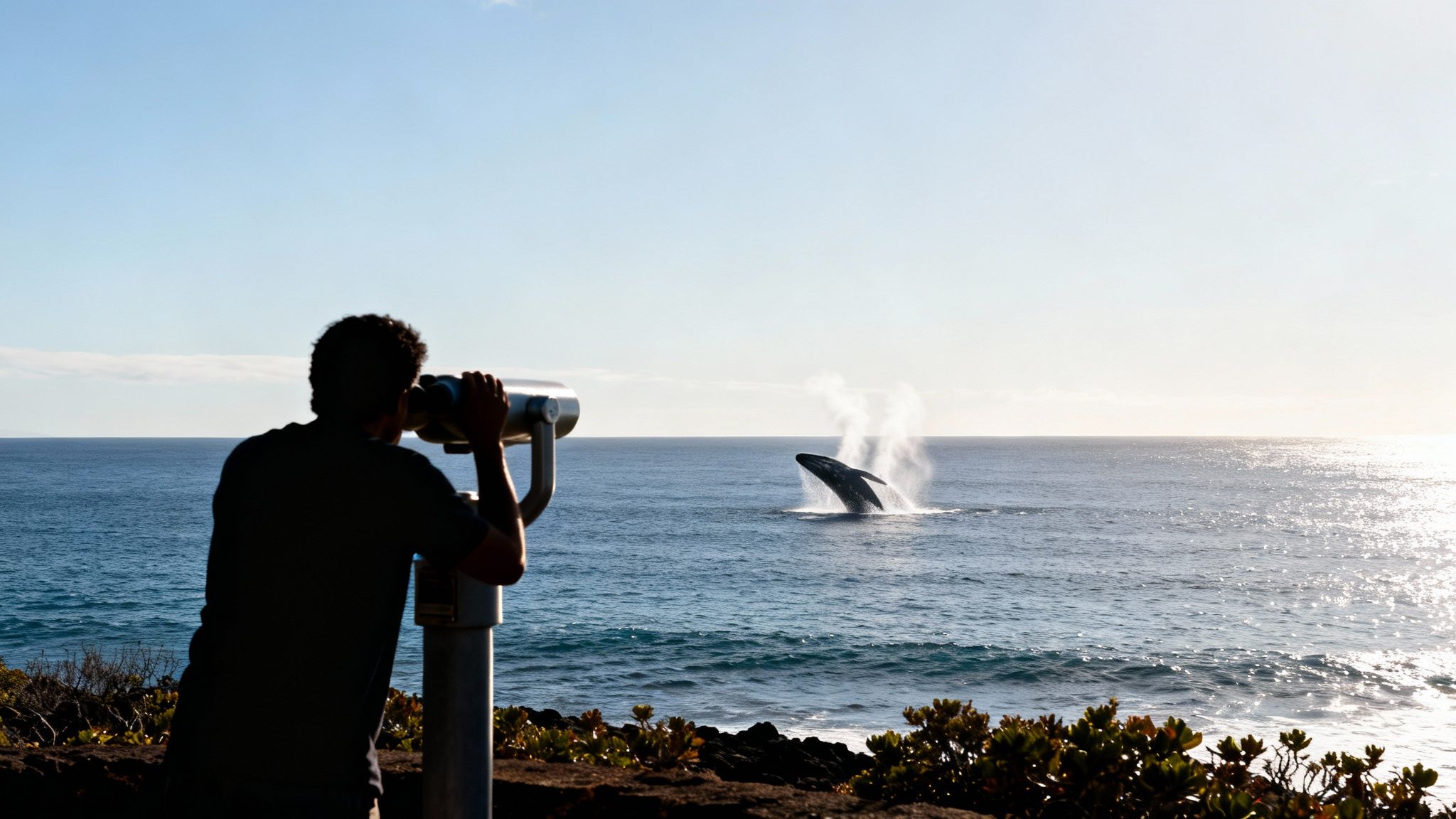 Silhouette of a person using binoculars to watch a whale breaching in the vast ocean.