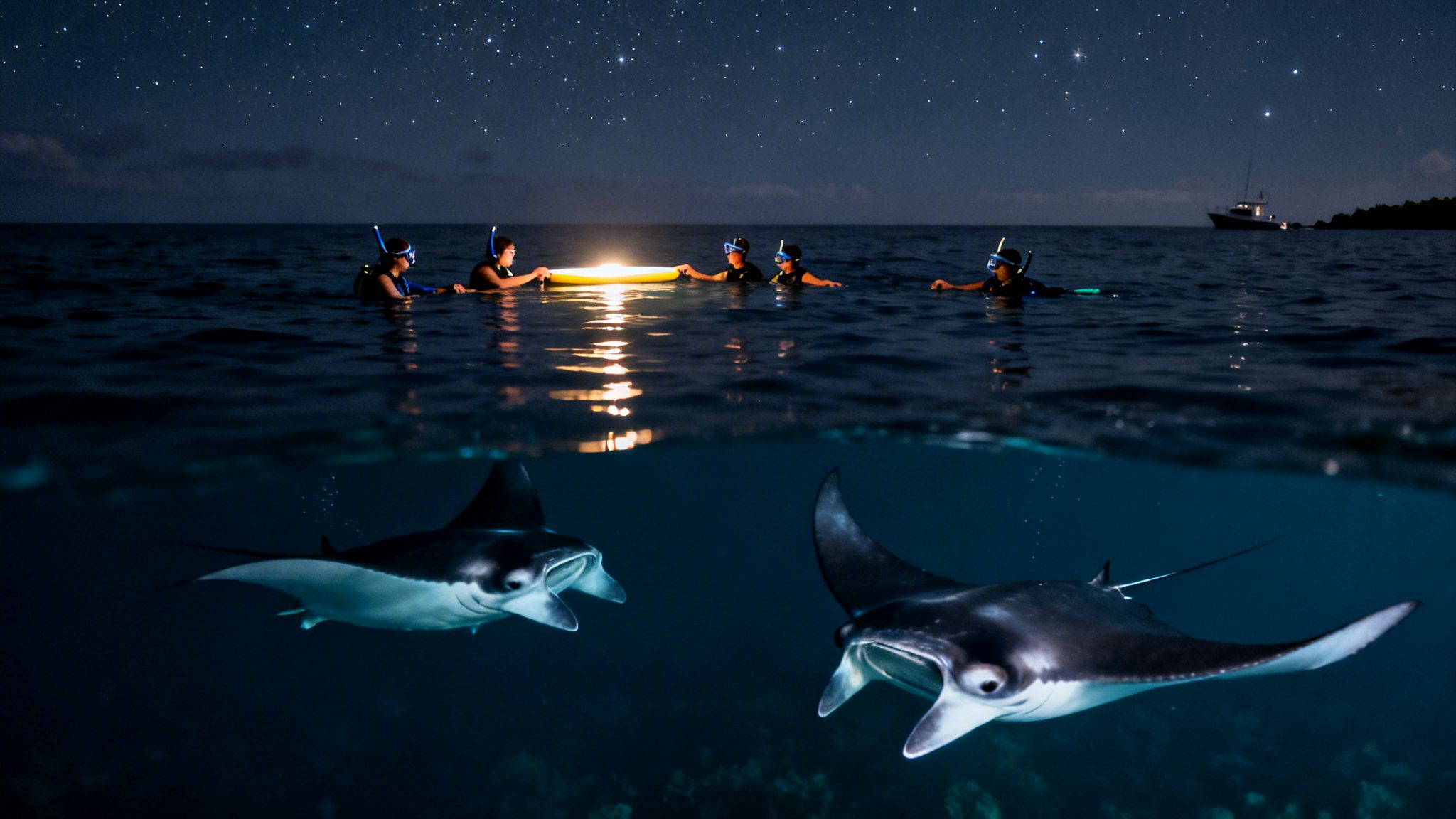 People night snorkeling around a light float, observing two manta rays beneath a starry sky.