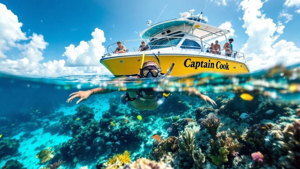 Tropical fish swimming over a coral reef in clear blue water