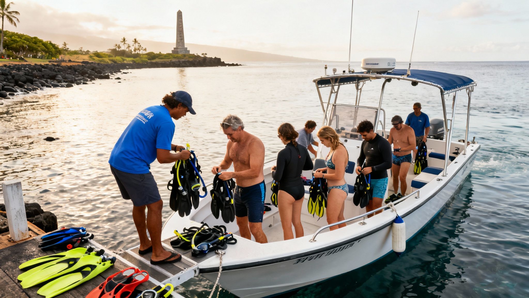 An instructor assists a group of people preparing diving gear on a boat near a scenic coastline.