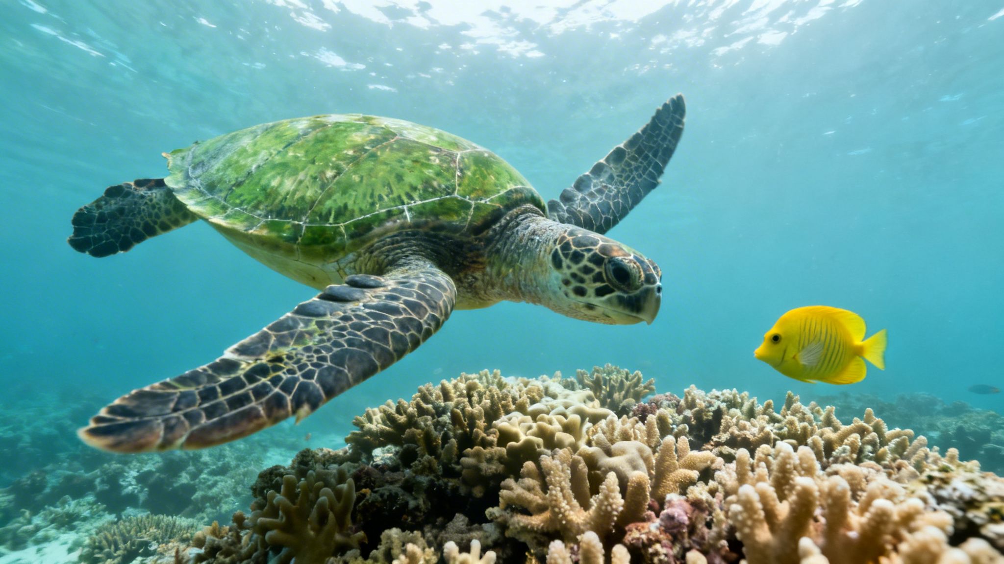 A vibrant green sea turtle gracefully swims over a colorful coral reef with a yellow fish.