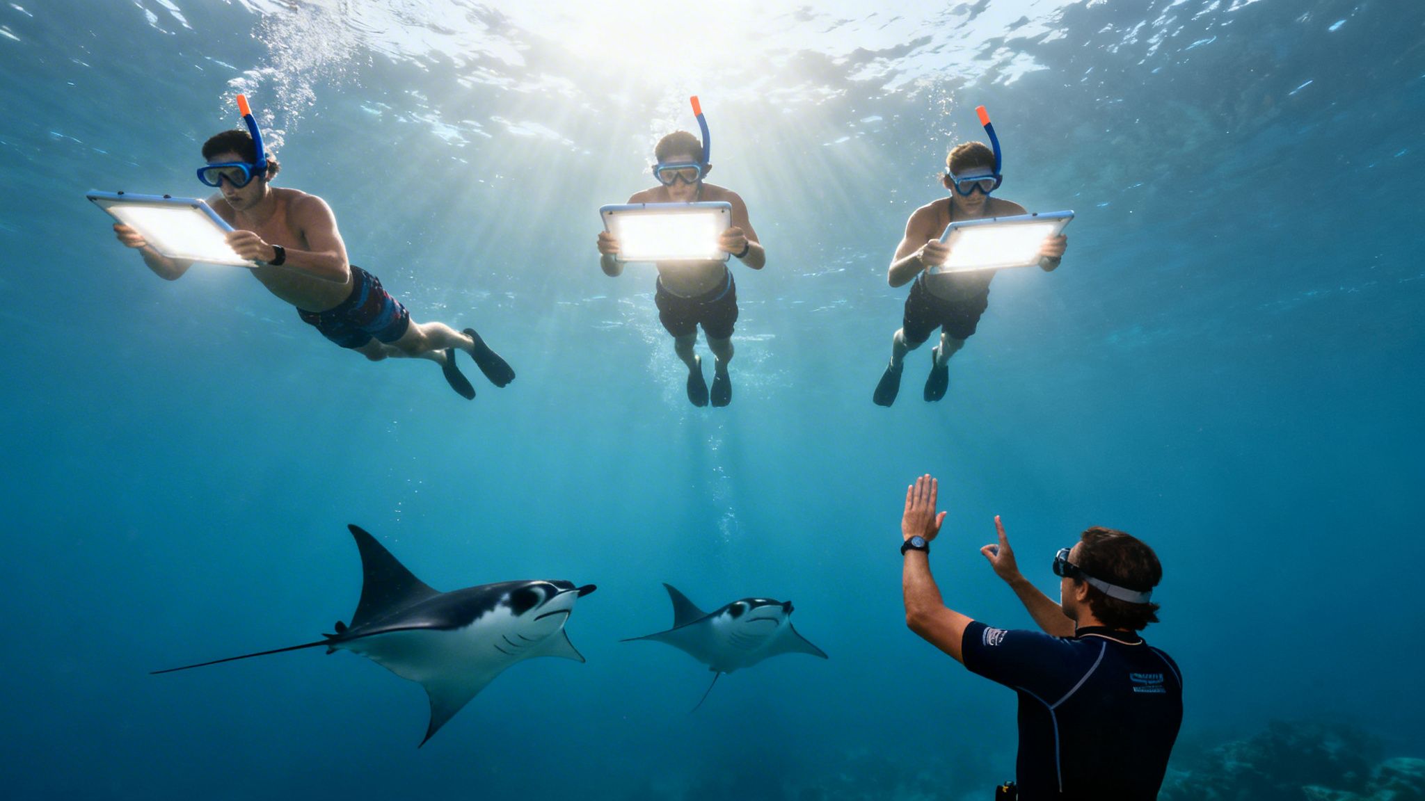 Three snorkelers with glowing boards observe two manta rays underwater with a guide.