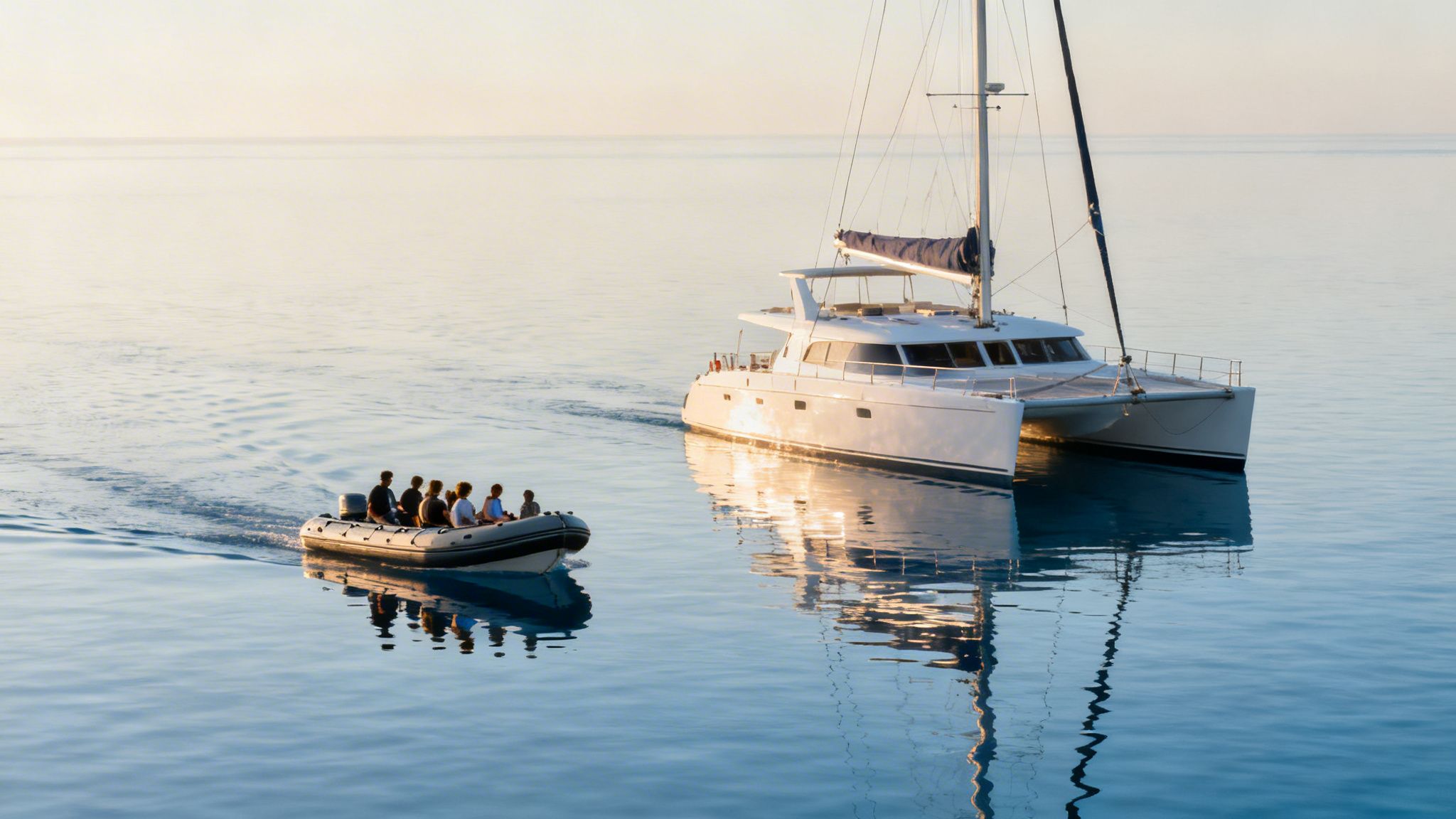 People in an inflatable boat alongside a large catamaran on calm ocean water.