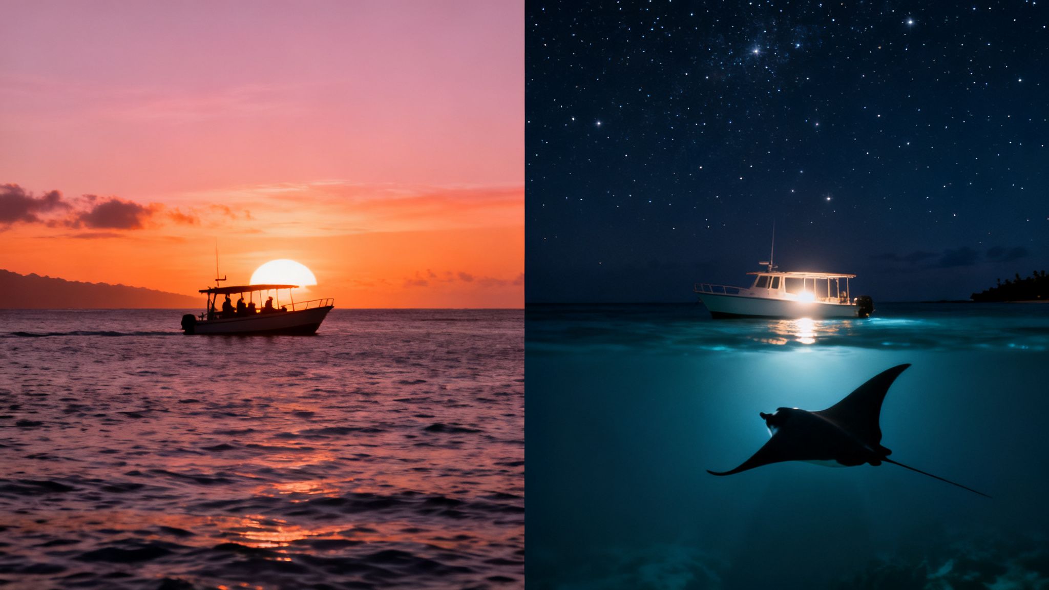 A split image featuring a sunset boat ride on the left and a night manta ray snorkel on the right.
