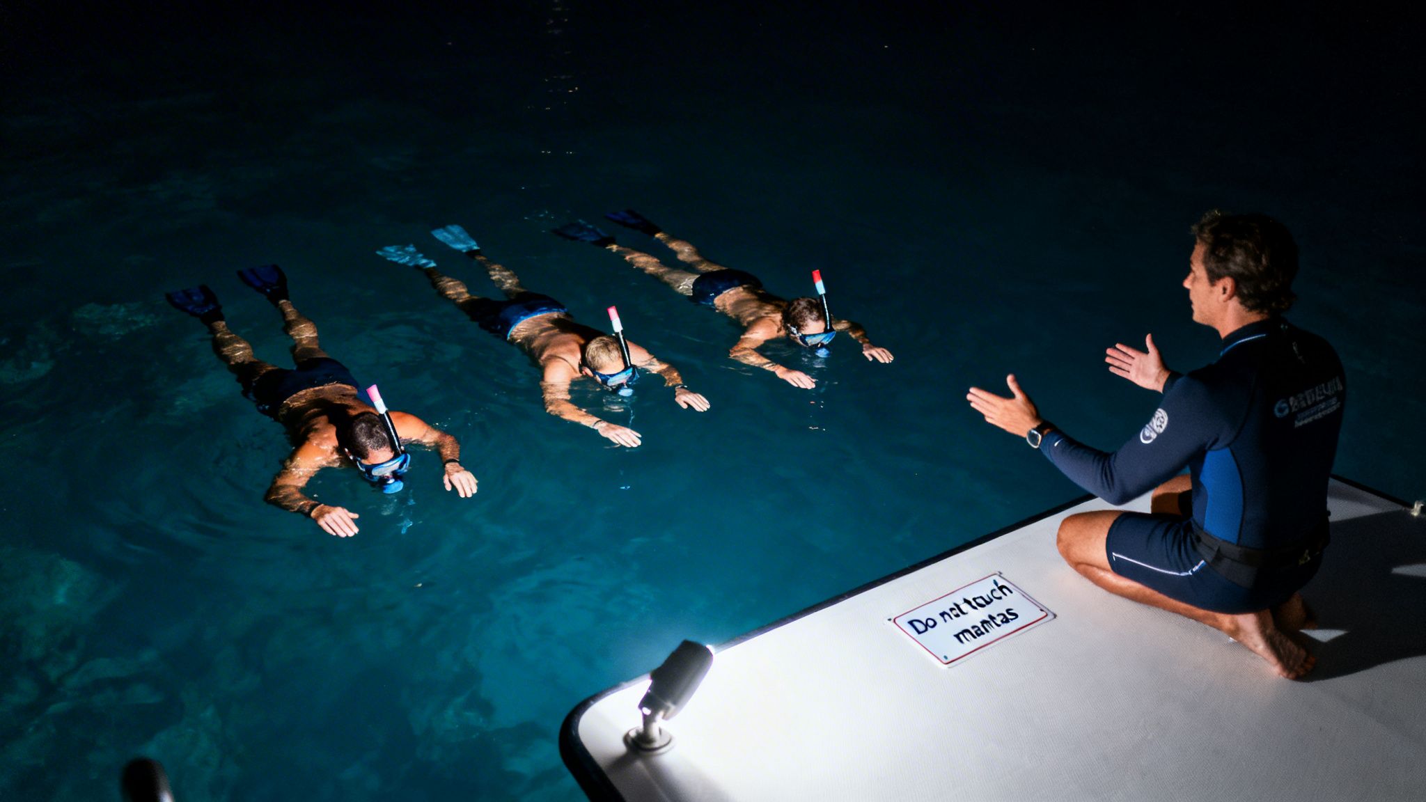 A guide instructs three snorkelers in dark water about responsible manta ray viewing.