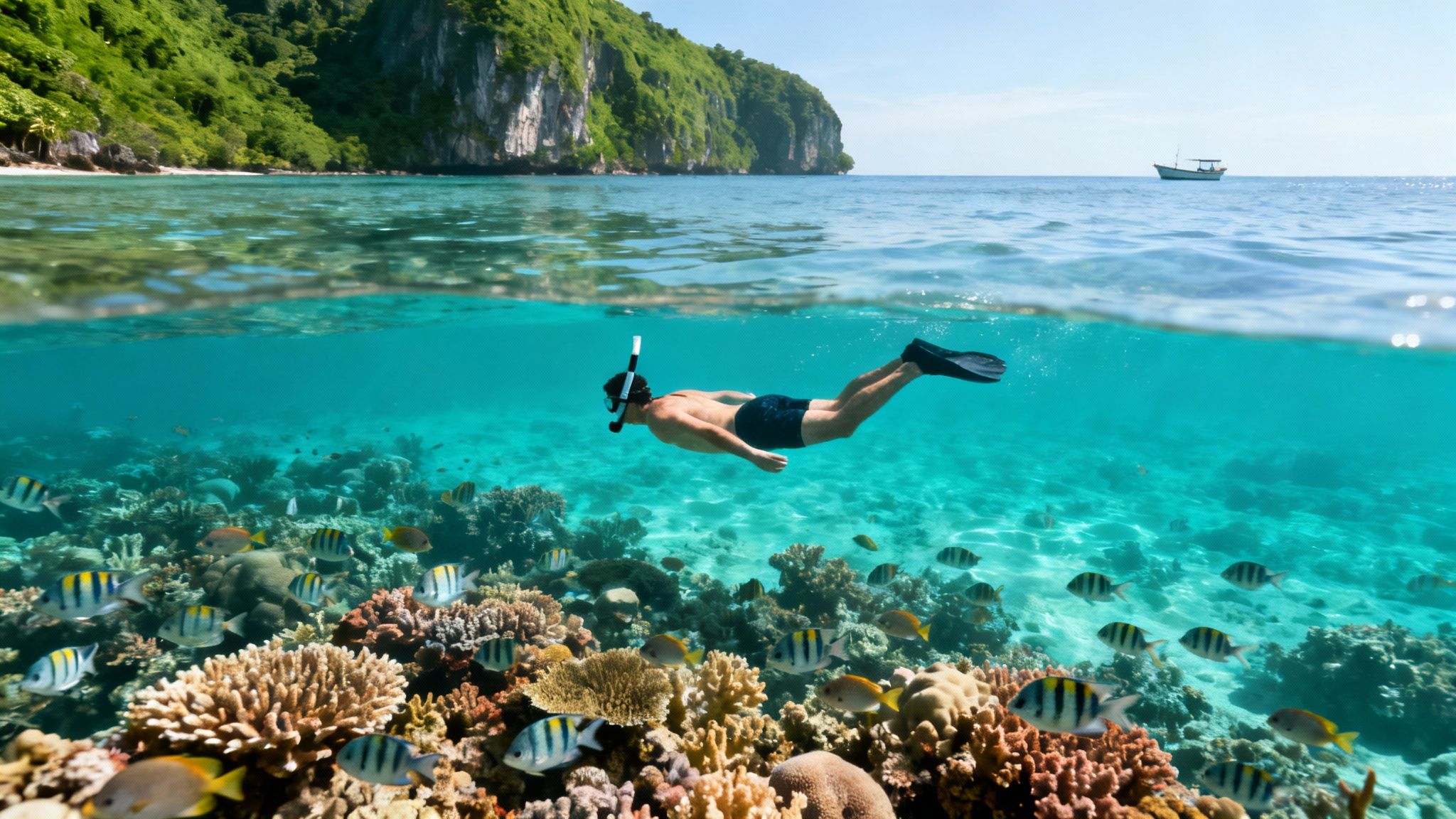 Over-under view of a person snorkeling above a vibrant coral reef with fish and a tropical island.