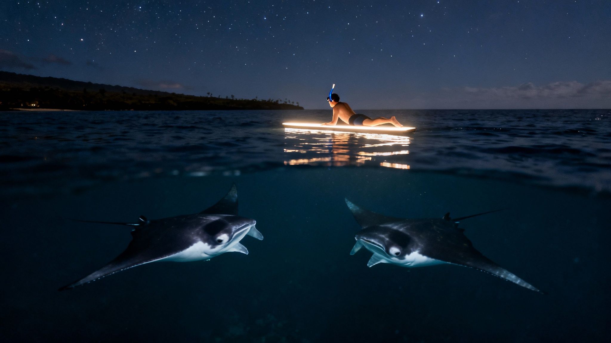 A person on an illuminated paddleboard at night, snorkeling with two manta rays under a starry sky.