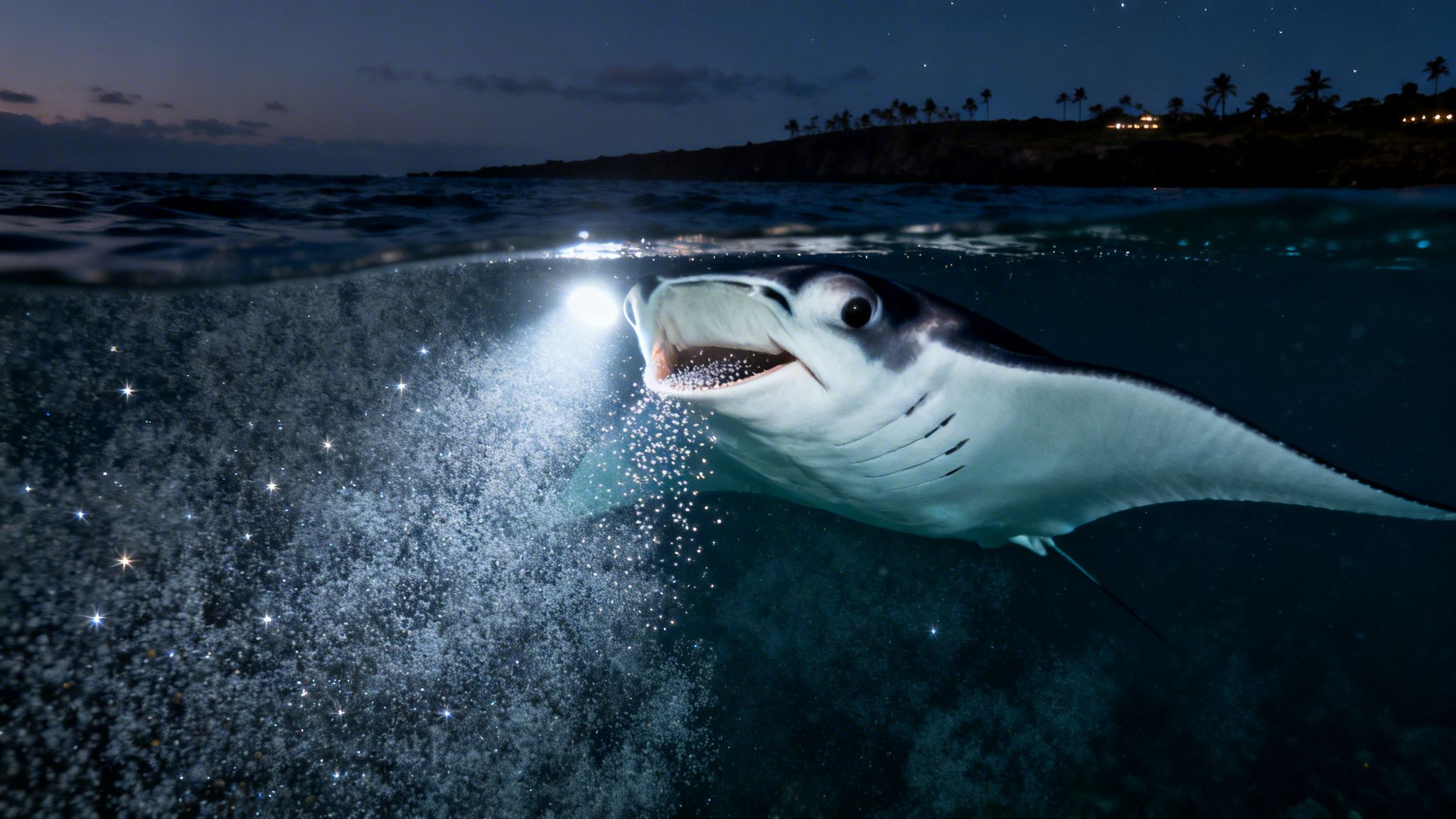 A majestic manta ray illuminated by a light, feeding on glowing plankton underwater at night.