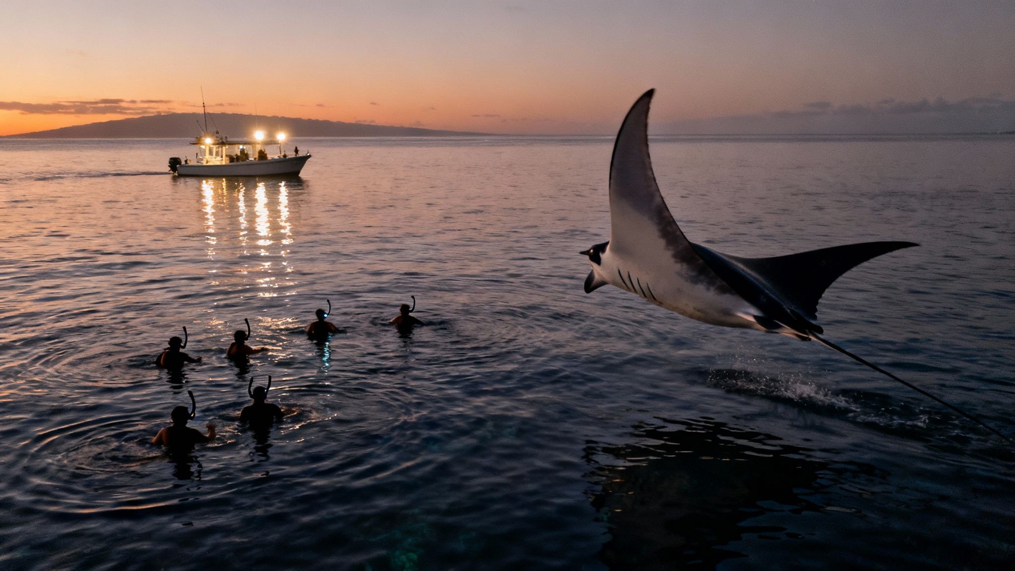 A giant manta ray breaches the water near snorkelers and a brightly lit boat at sunset.