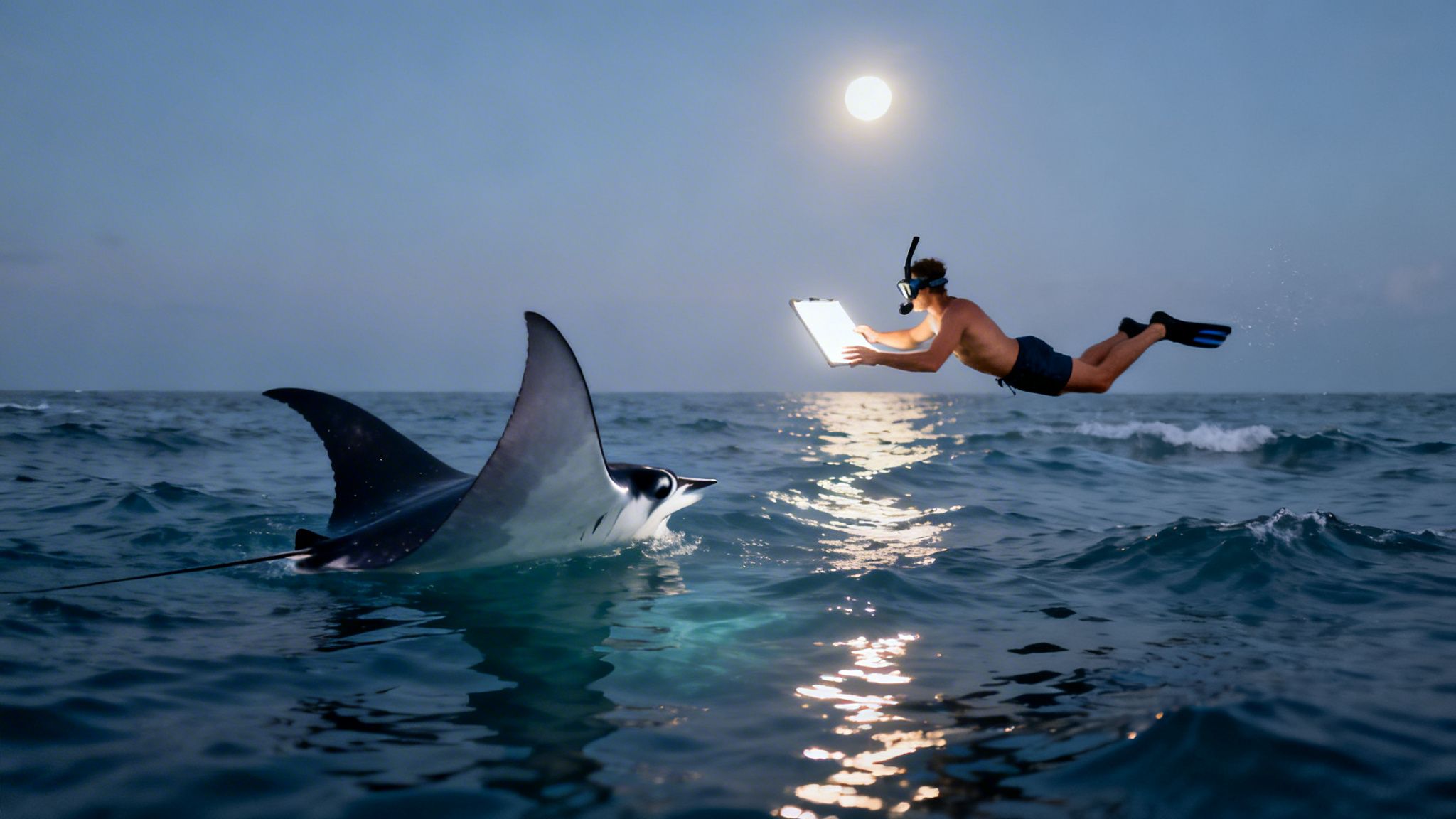 A snorkeler holding a glowing pad approaches a manta ray in the ocean under a bright full moon.