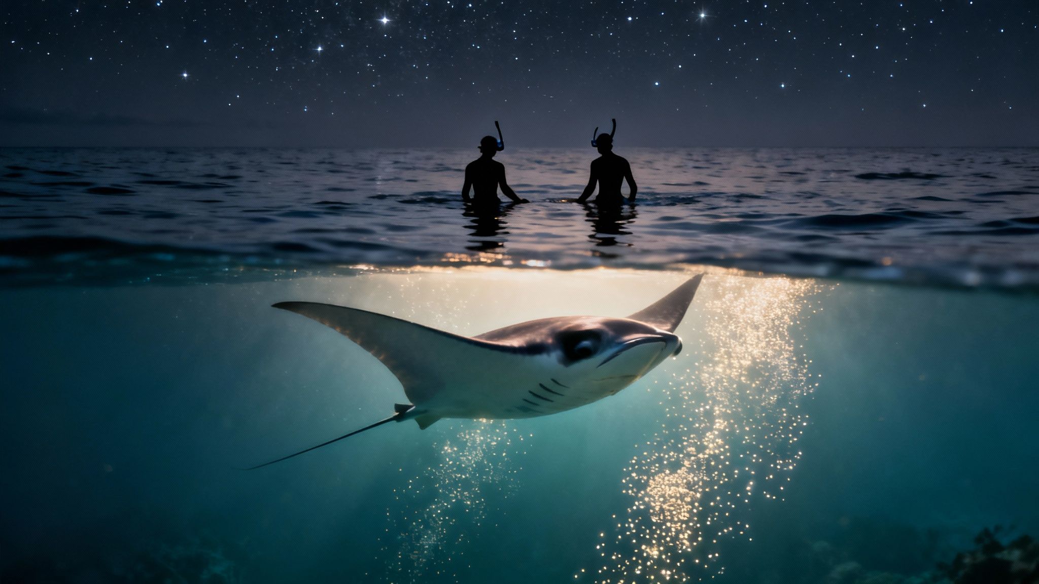 Two snorkelers watch a glowing manta ray swim beneath them under a starry night sky.