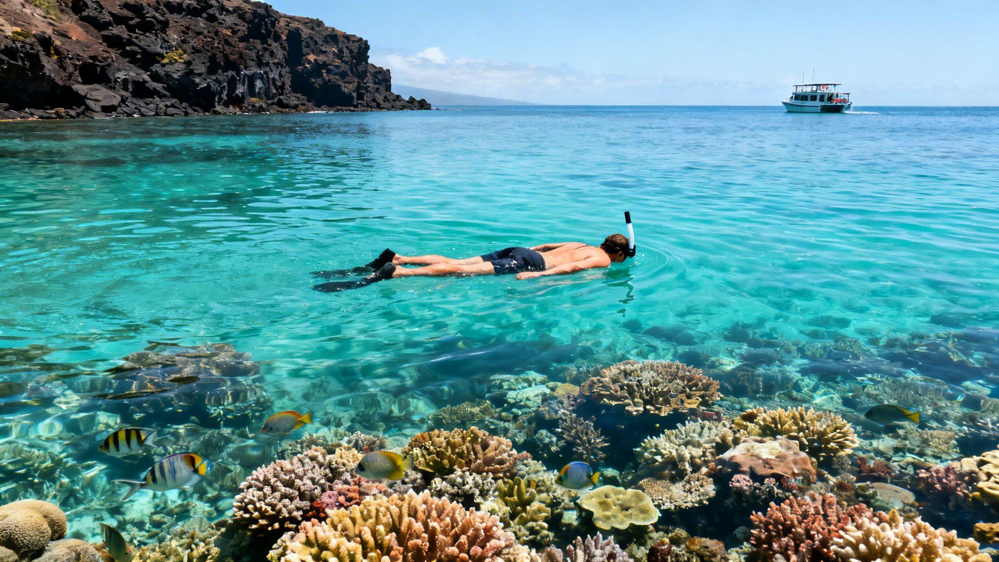 A man snorkeling in clear blue water, observing a vibrant coral reef and tropical fish.