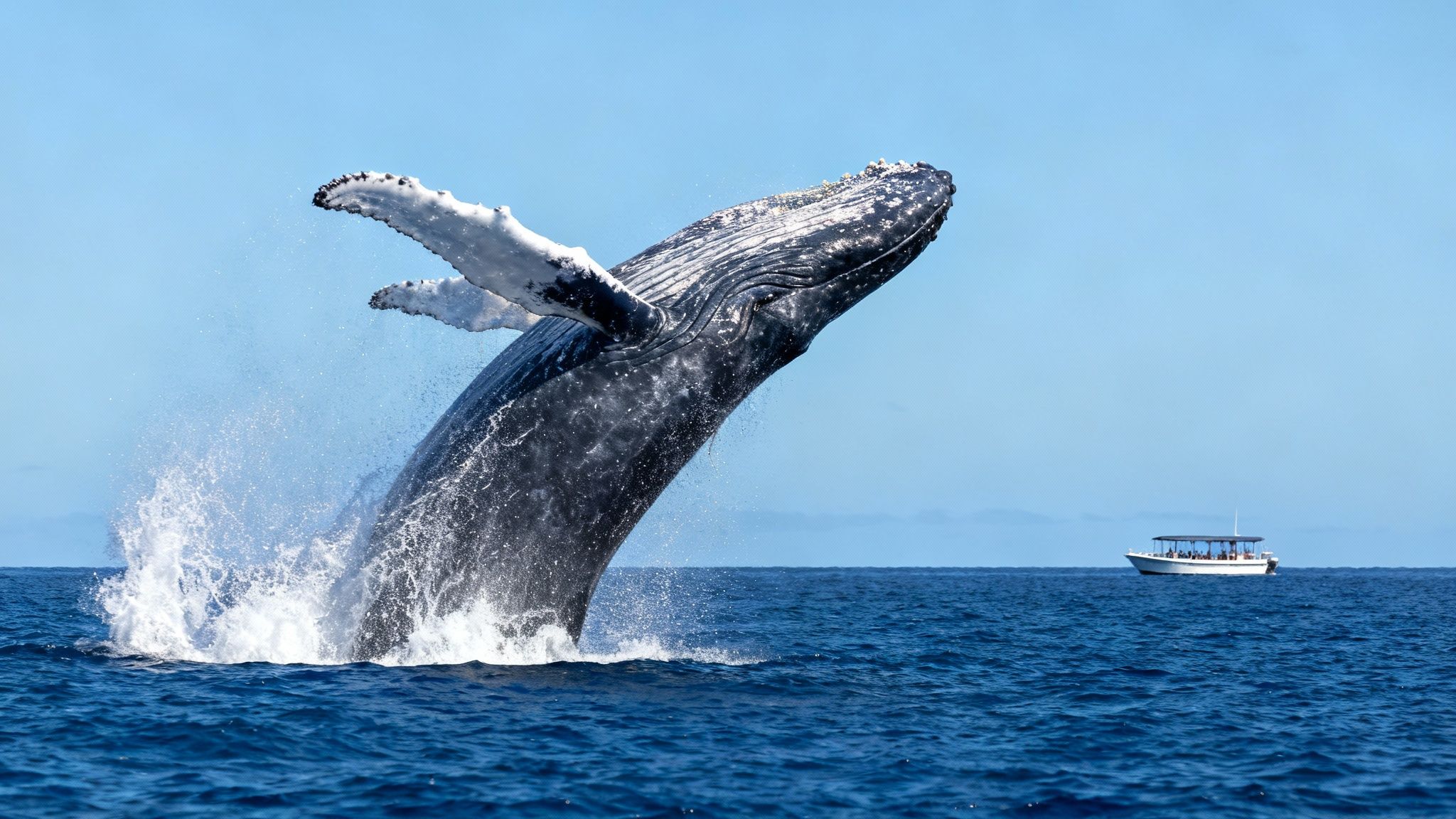 A majestic humpback whale breaches high out of the deep blue ocean, creating a large splash, with a small tour boat observing in the distance.