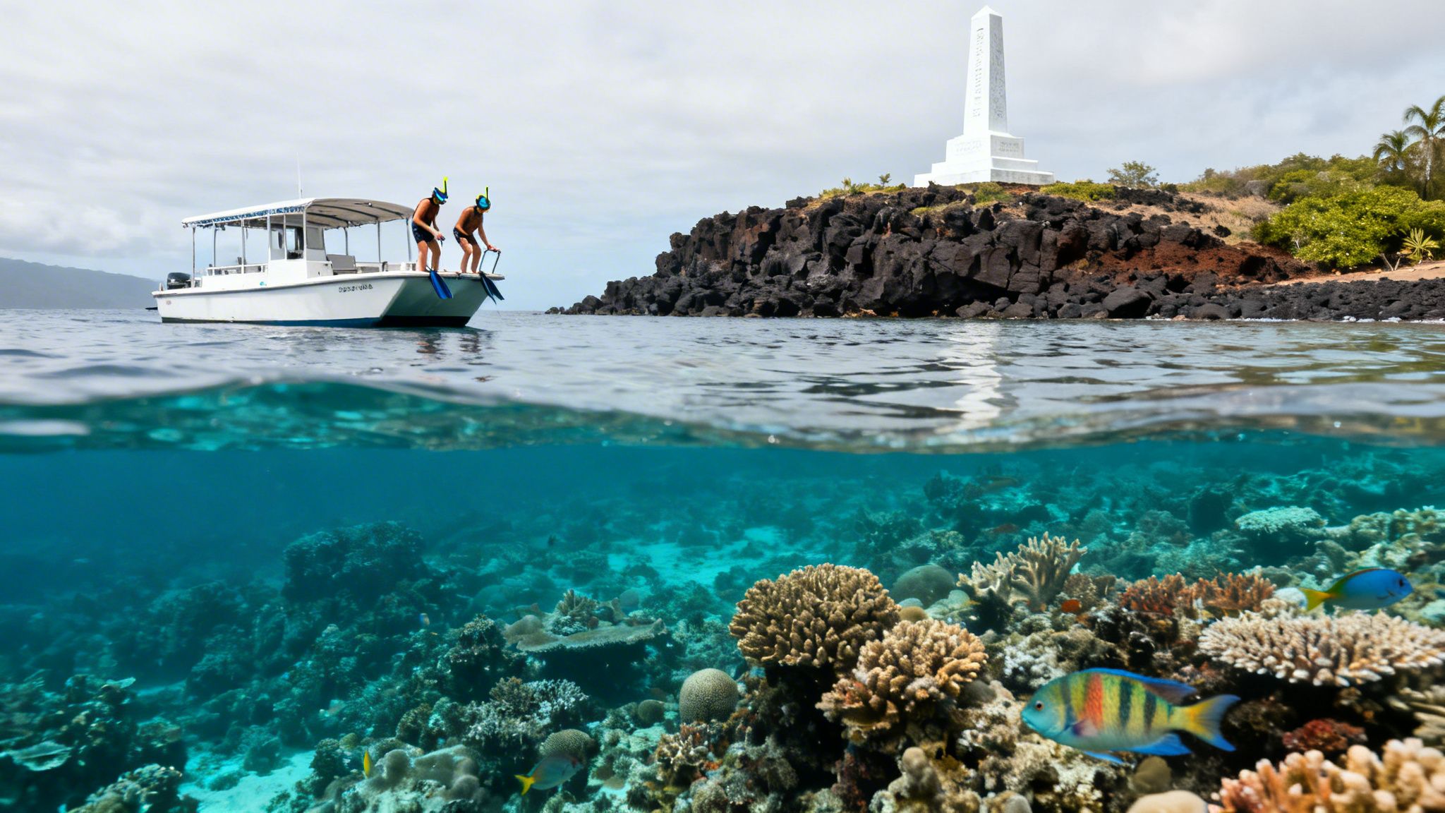 Split image: snorkelers by a boat and island monument above, vibrant coral reef with fish below.