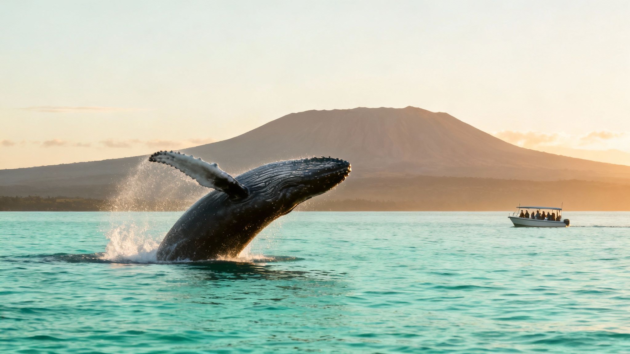 A magnificent humpback whale breaches in turquoise waters against a sunset-lit volcano and a distant boat.