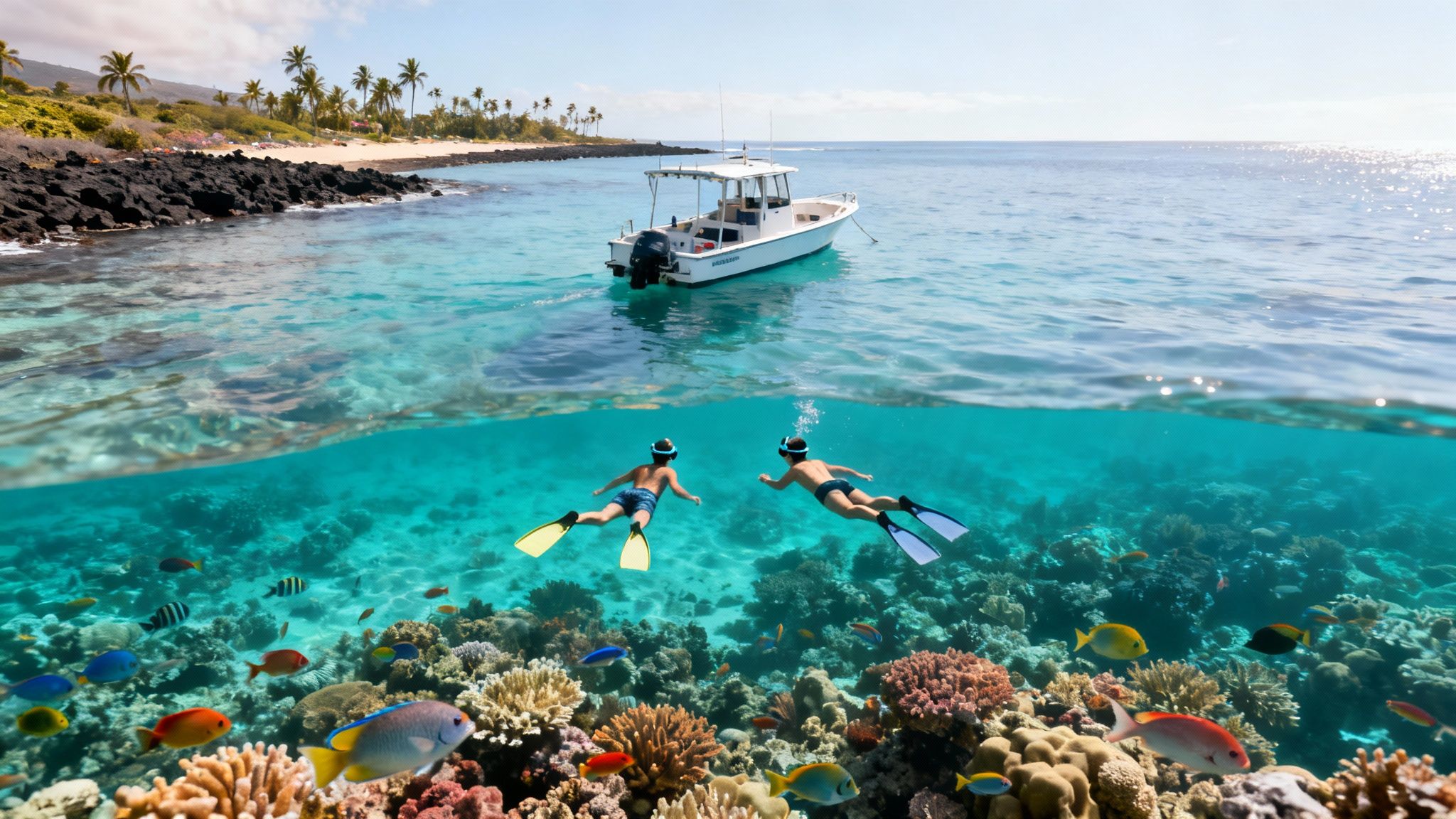 Split view of two snorkelers exploring a vibrant coral reef with colorful fish, and a boat near a tropical beach.