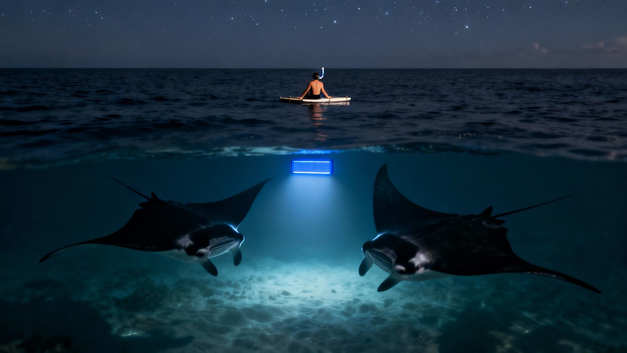 A person on a raft observes two manta rays feeding under a blue light at night.
