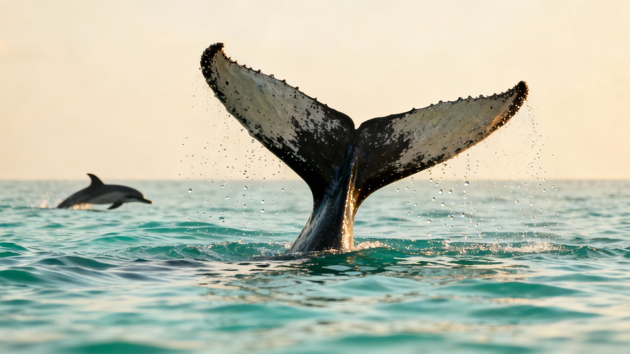 A majestic whale tail with water splashing, and a dolphin leaping in the background at sunset.