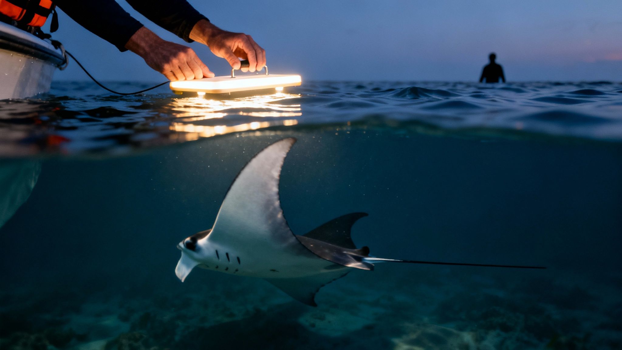 A split-level view of a person holding a light from a boat, attracting a swimming manta ray at dusk.