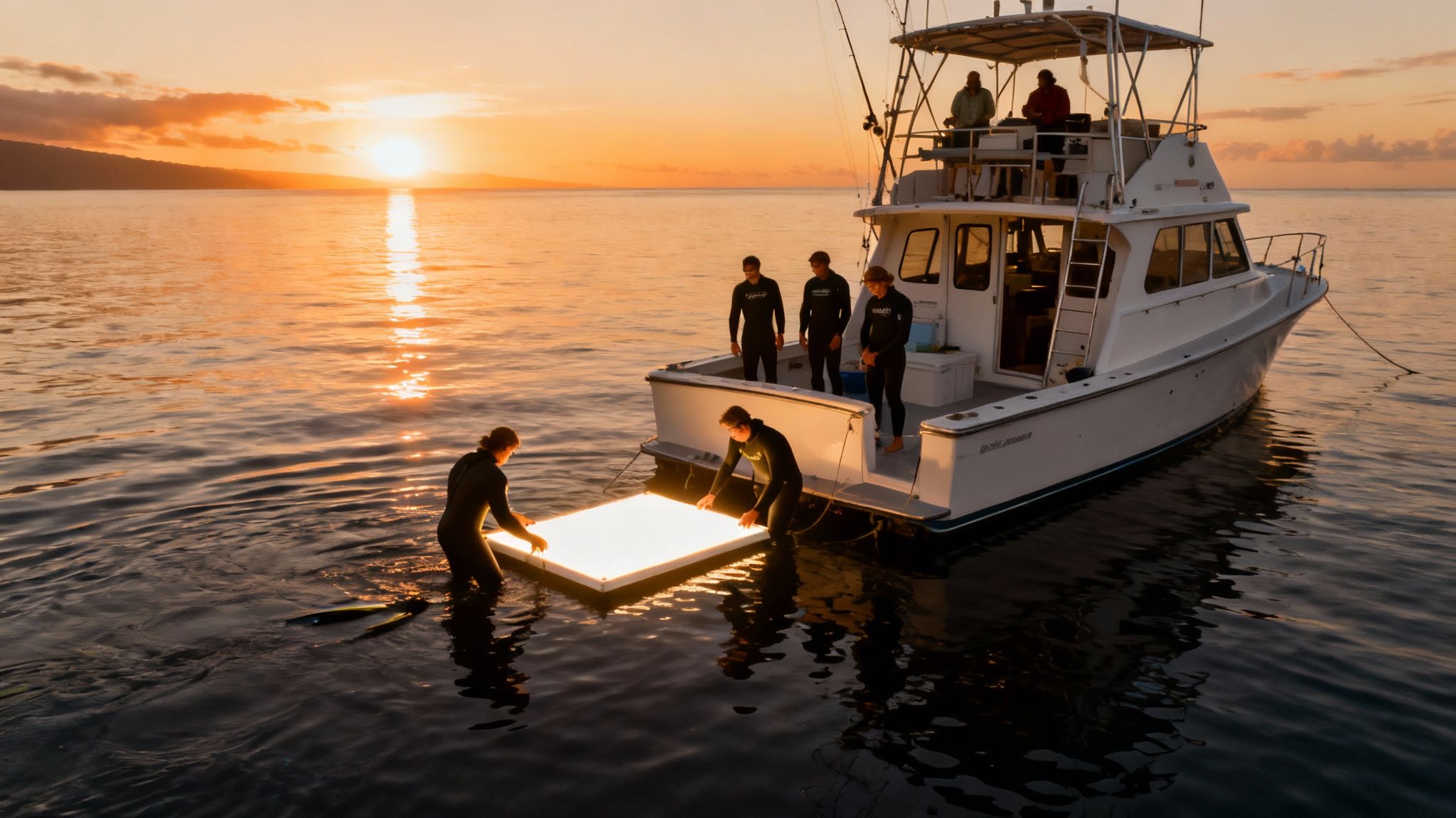 People in wetsuits prepare a large glowing panel in the ocean near a boat at sunset.