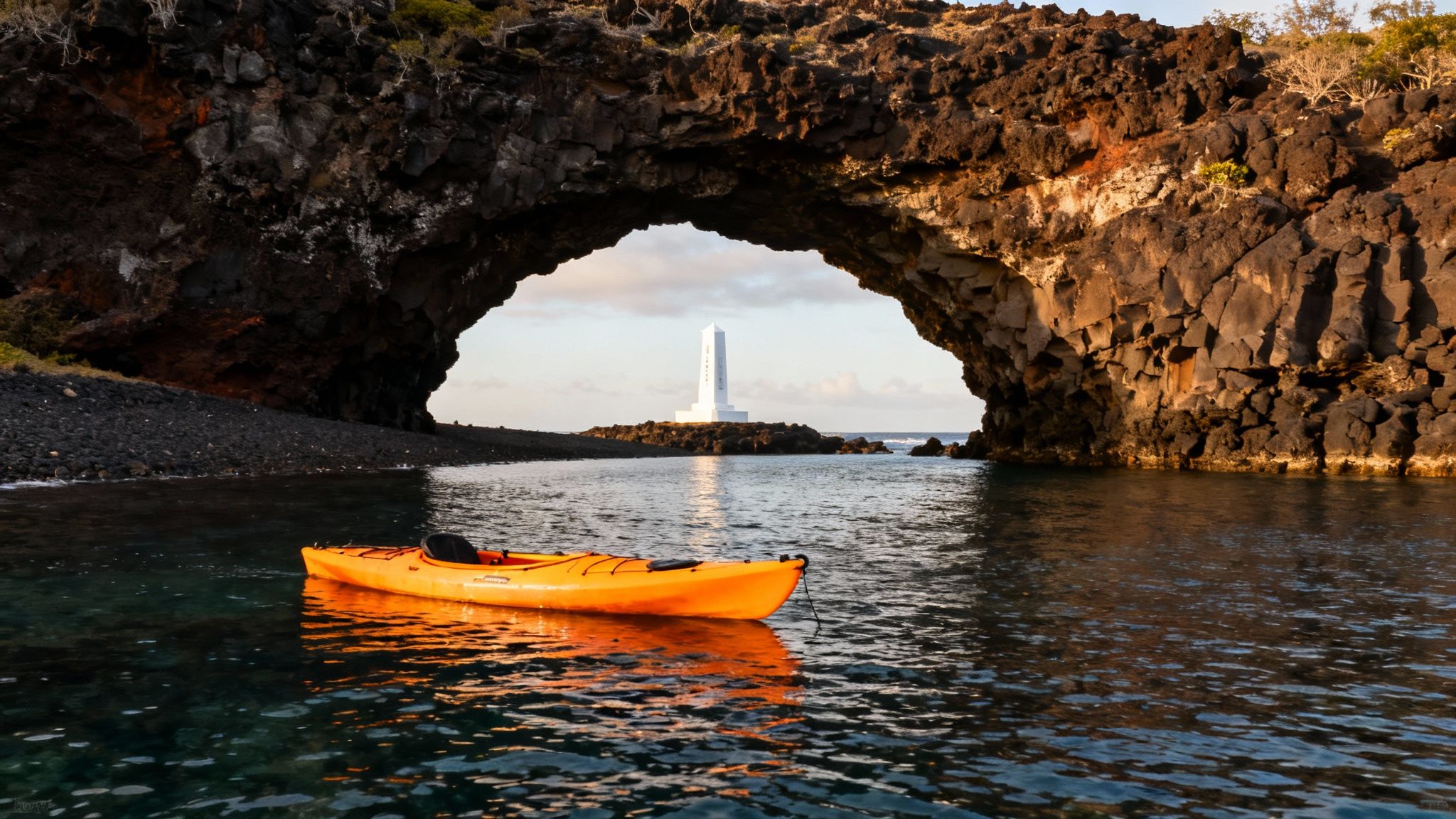 A group of snorkelers in the clear water of Kealakekua Bay with a tour boat nearby.