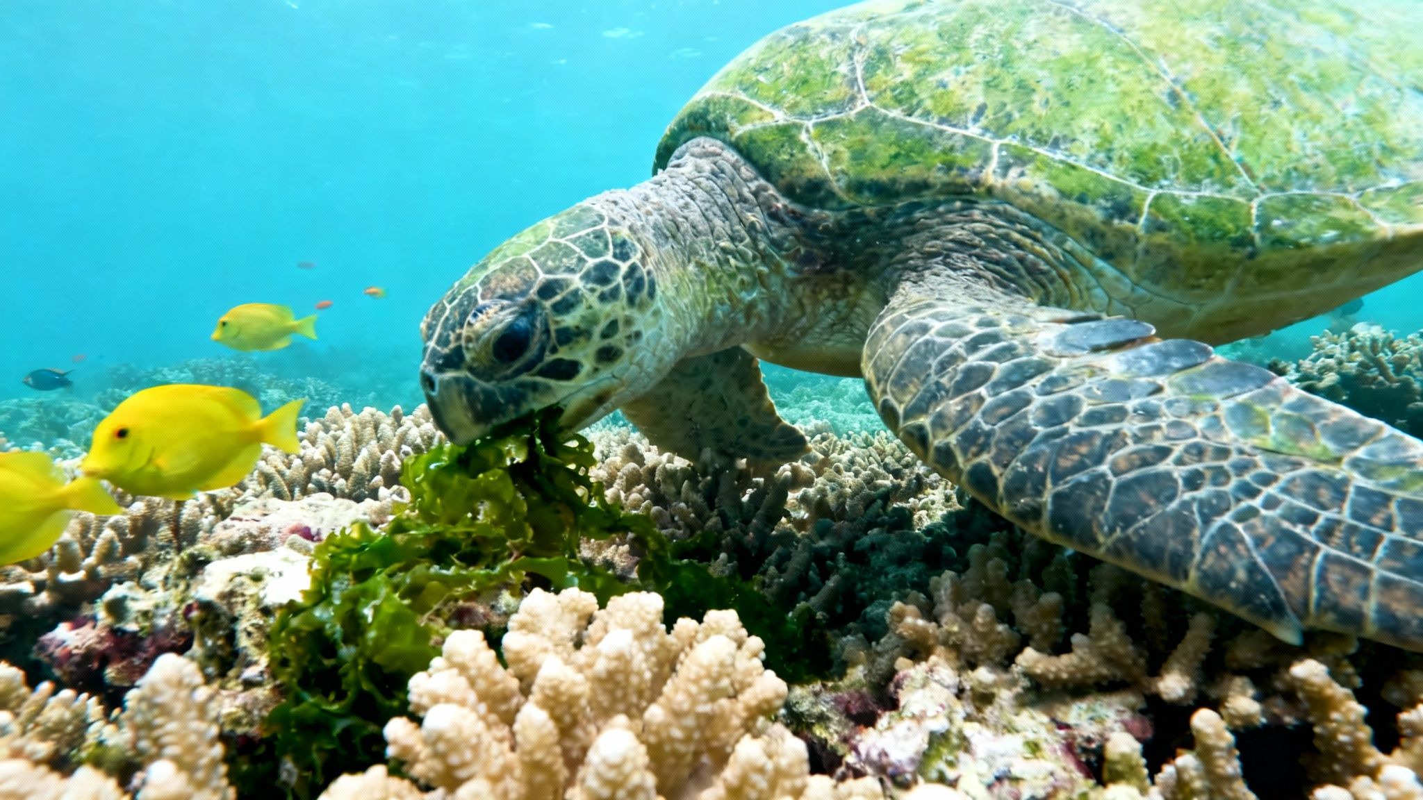 A large green sea turtle feeds on vibrant green algae on a coral reef with yellow fish.