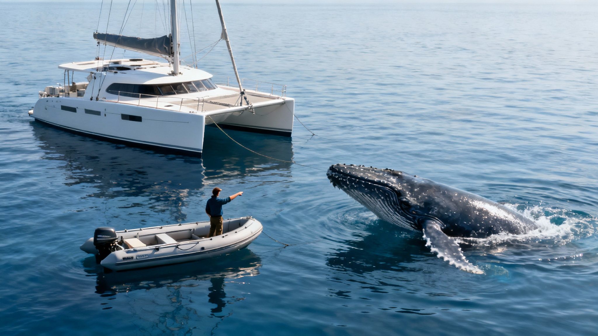 A small tour boat gets an incredible view of a breaching humpback whale.