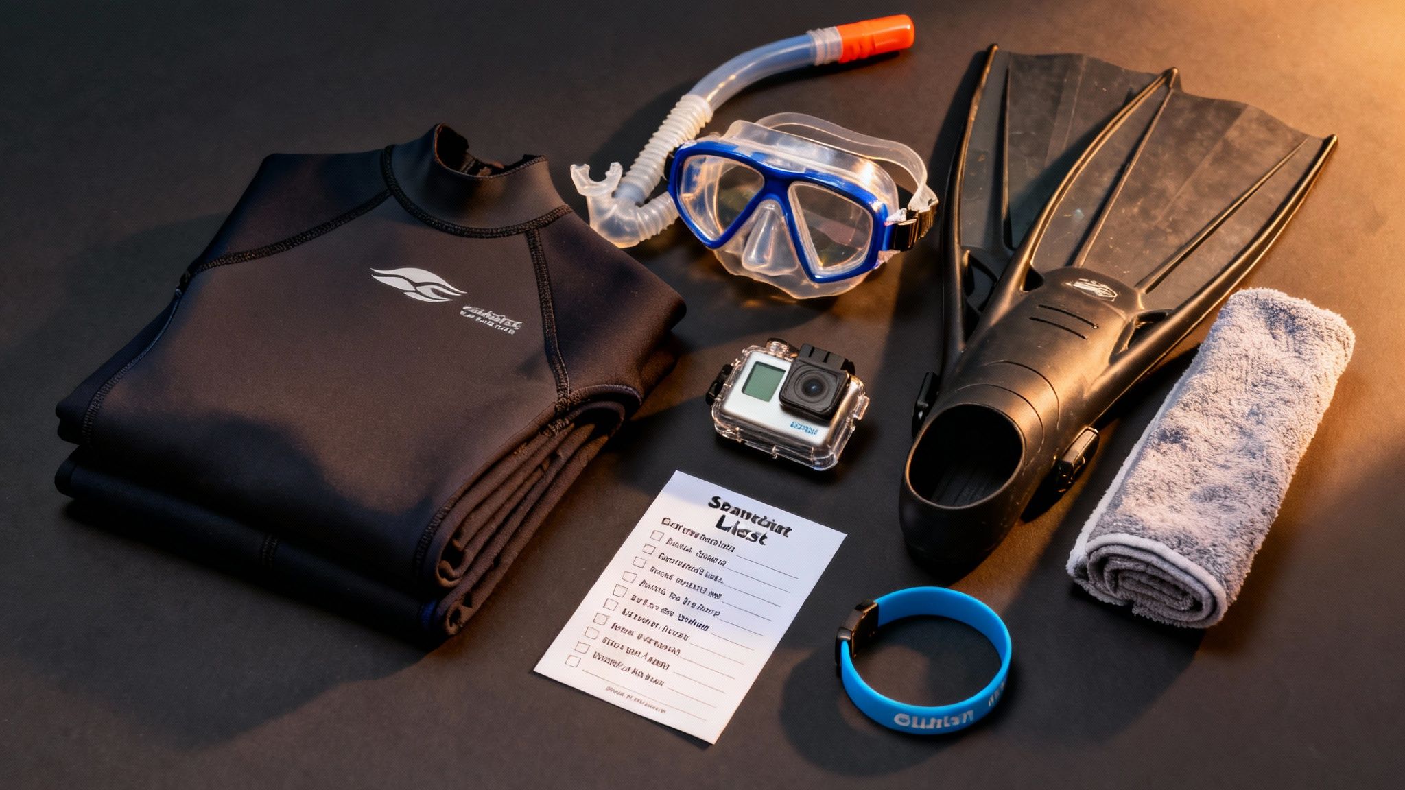 A complete set of snorkeling and diving gear, including wetsuit, mask, snorkel, fins, and a GoPro camera, laid out on a dark background.