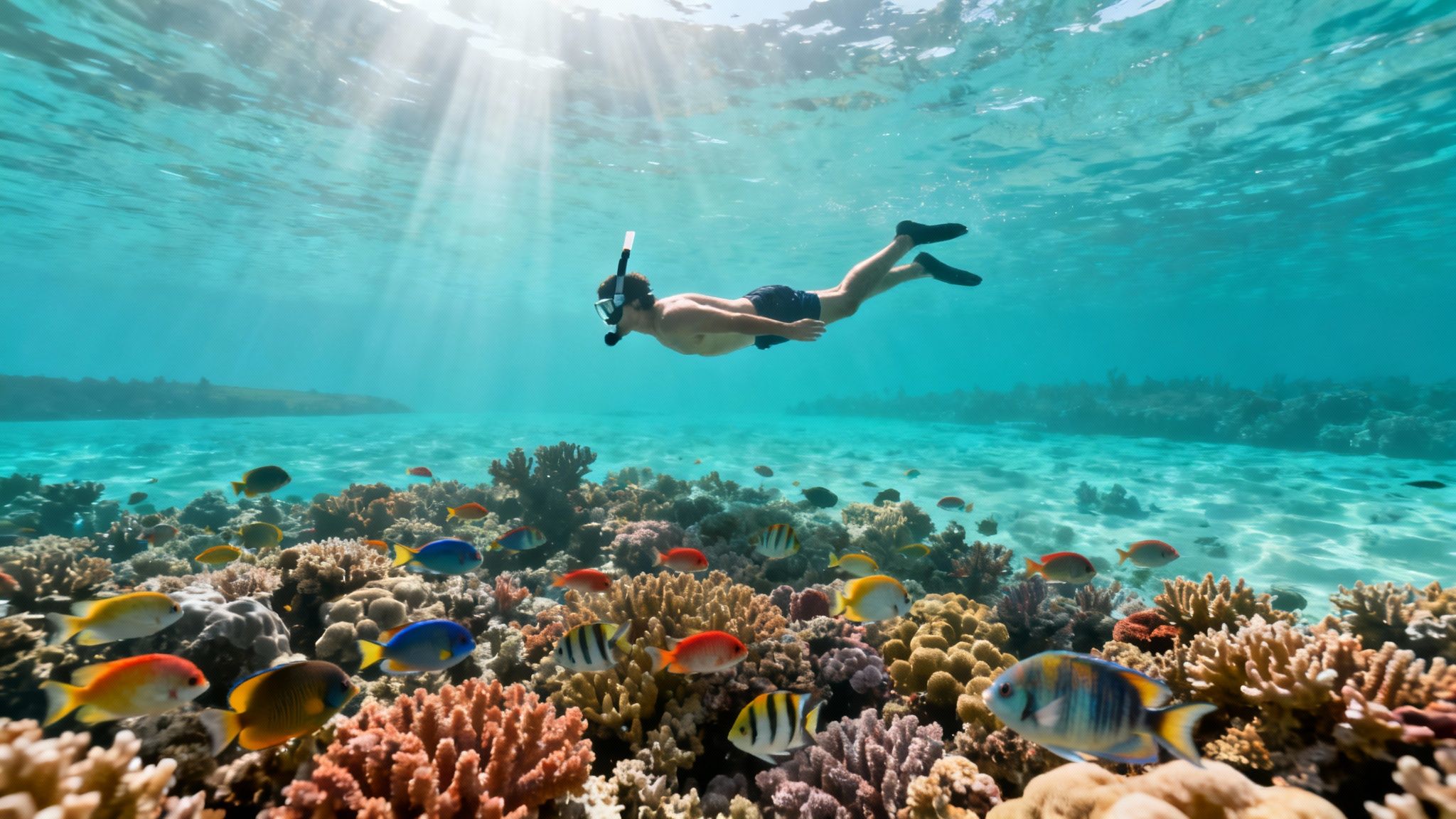 Man snorkeling over a beautiful coral reef with diverse tropical fish and sunlit clear water.