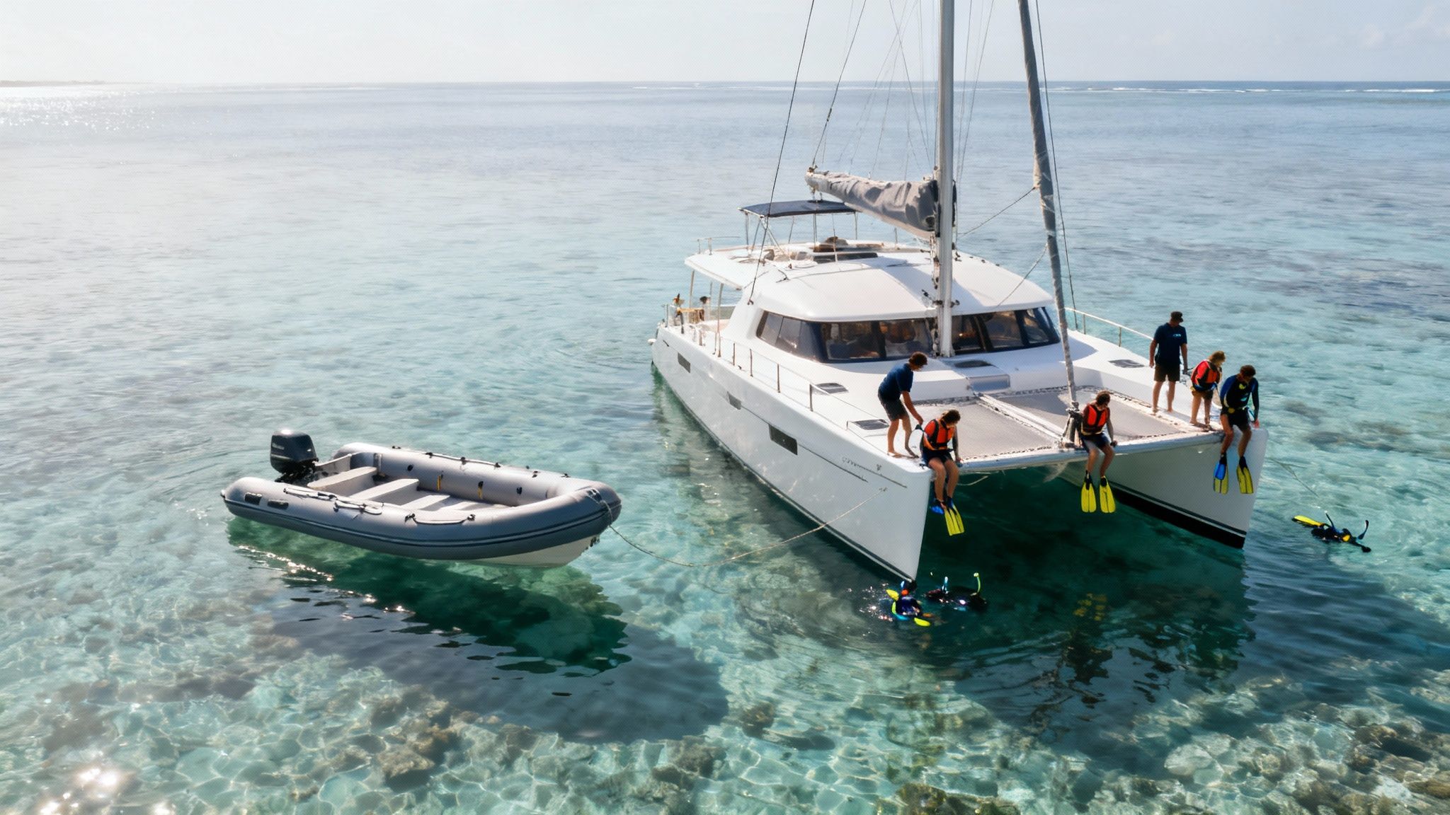 People on a catamaran and inflatable boat in clear blue ocean, preparing for snorkeling and diving.