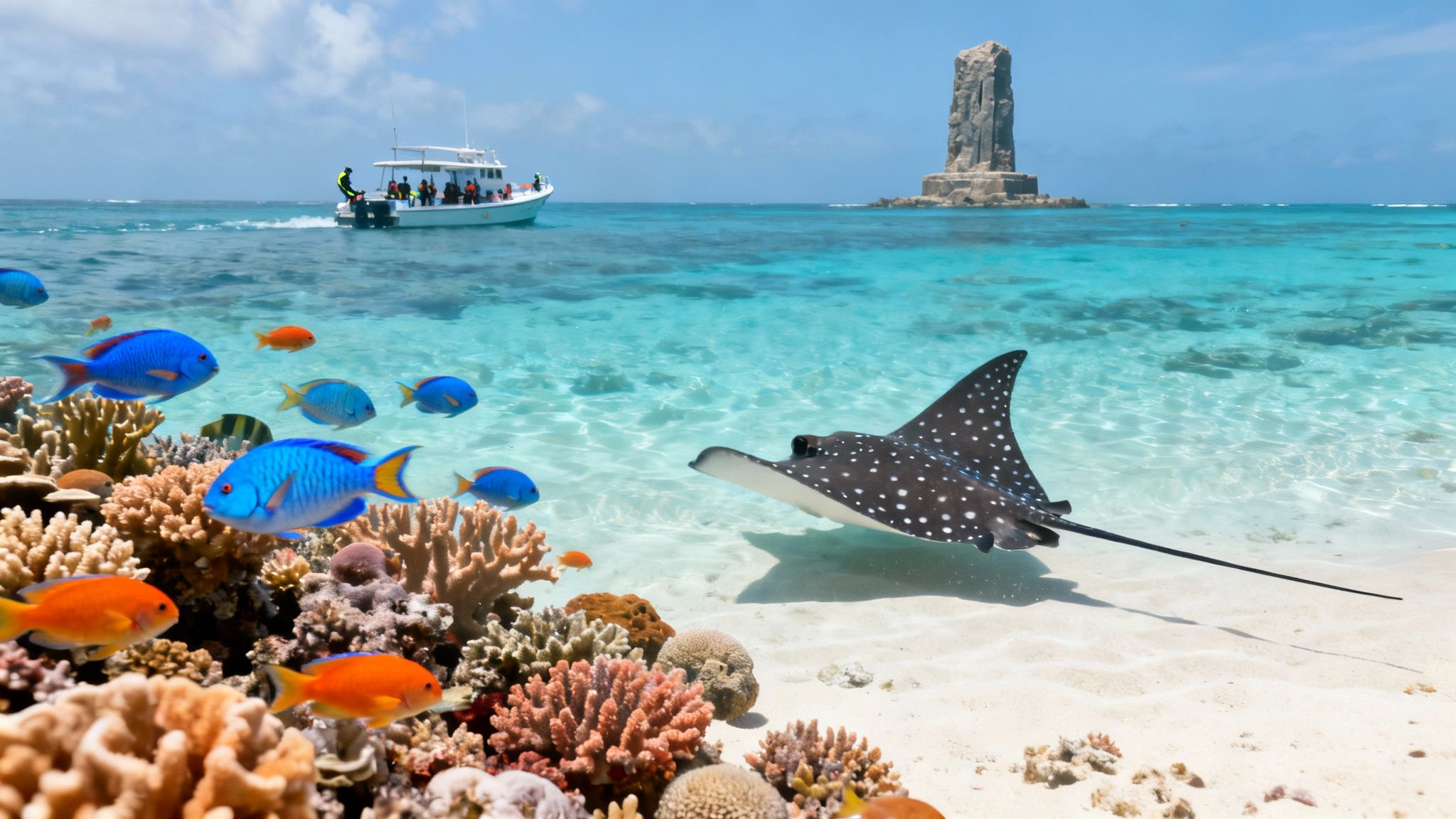 A spotted eagle ray swims near vibrant coral and fish in clear turquoise ocean with a boat.